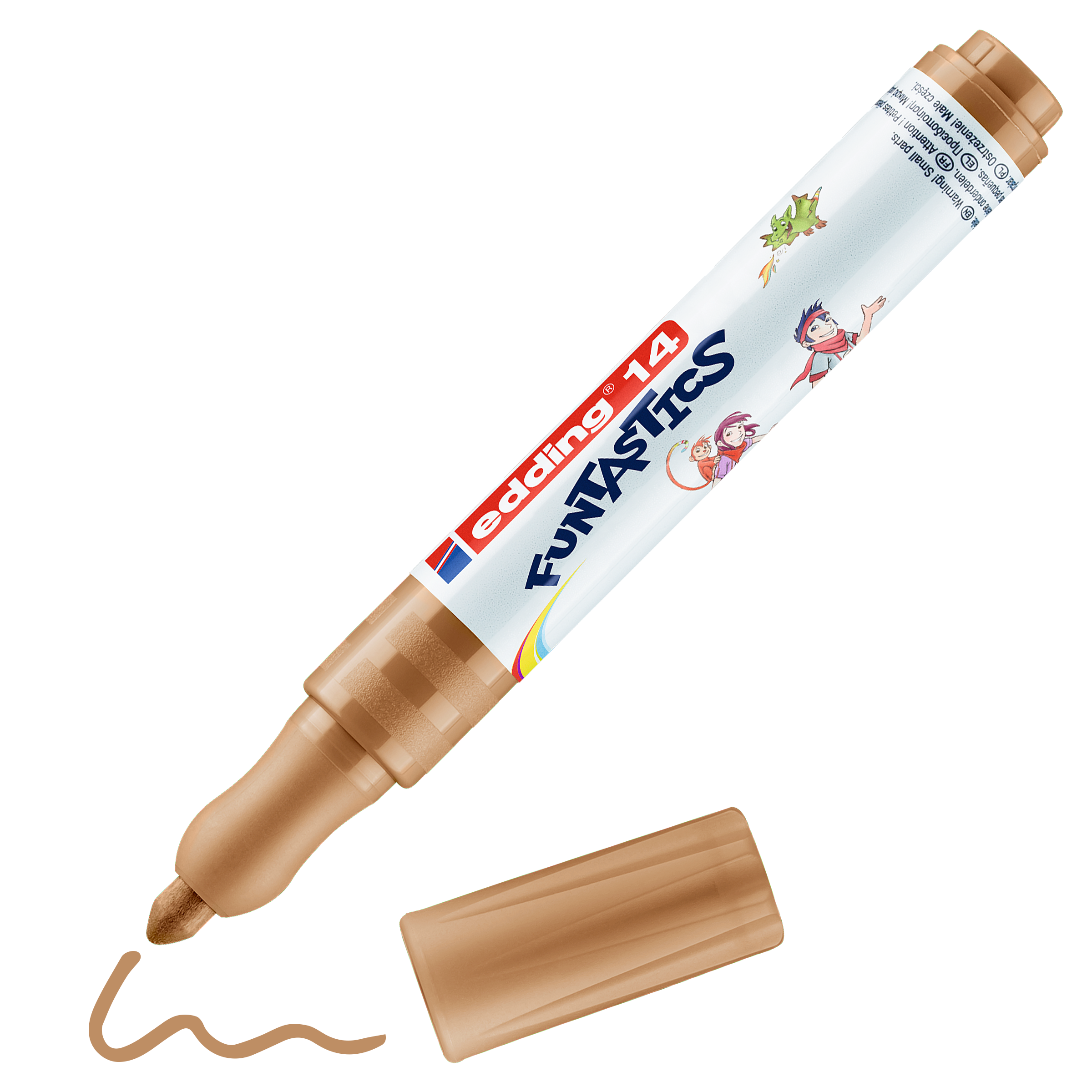 Ein brauner edding 14 FUNTASTICS Kinderfasermaler von edding ohne Kappe liegt neben einer wellenförmigen braunen Linie. Das Etikett zeigt farbenfrohe Cartoons und enthält wasserbasierte Tinte – perfekt für kreative Kinder.