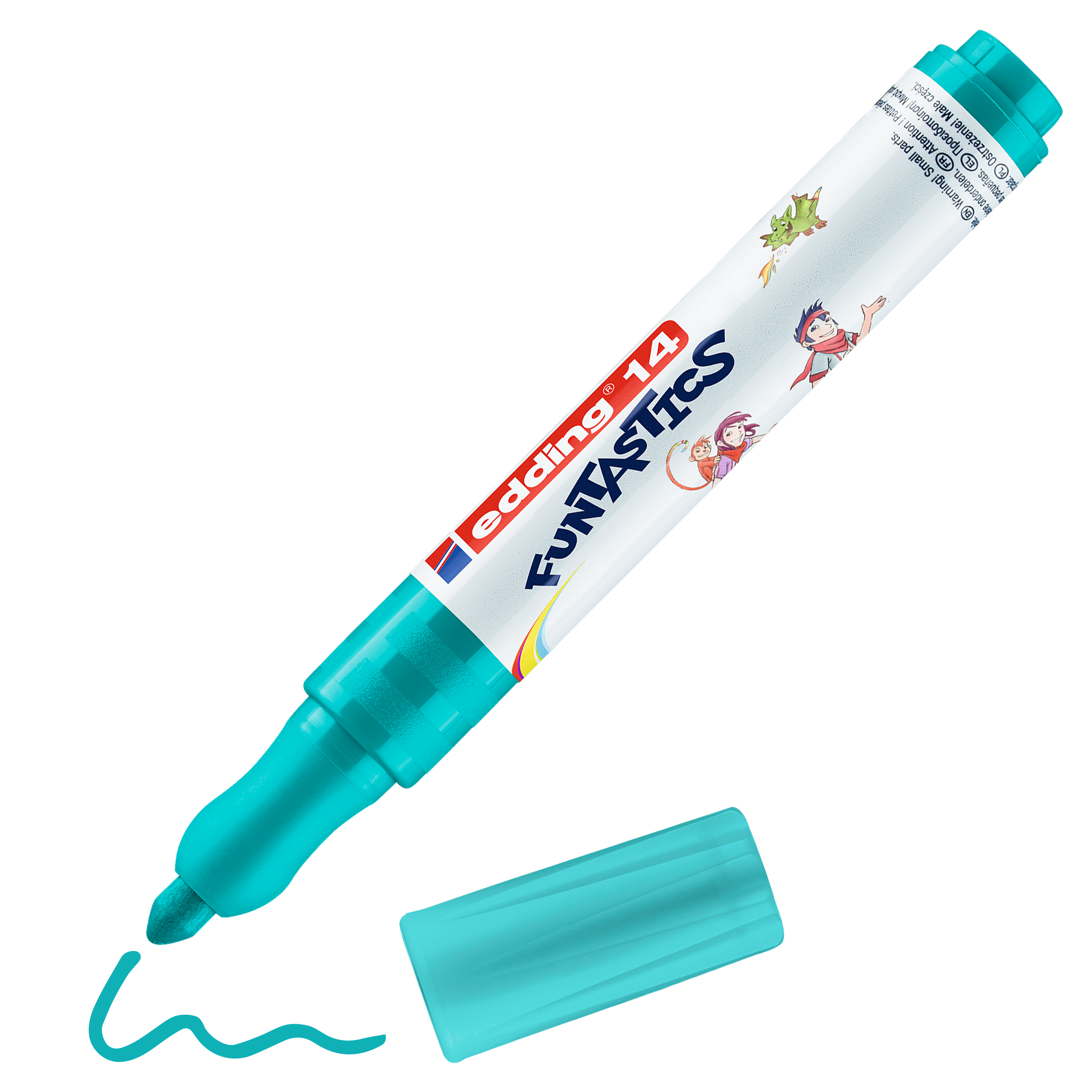 Ein türkisfarbener edding 14 FUNTASTICS Kinderfasermaler von edding, der ohne Kappe eine wellenförmige Linie auf Wasserbasis freigibt. Der Marker zeigt Comicfiguren, farbenfrohe Designs und eine rutschfeste Griffzone für bequemen Halt.