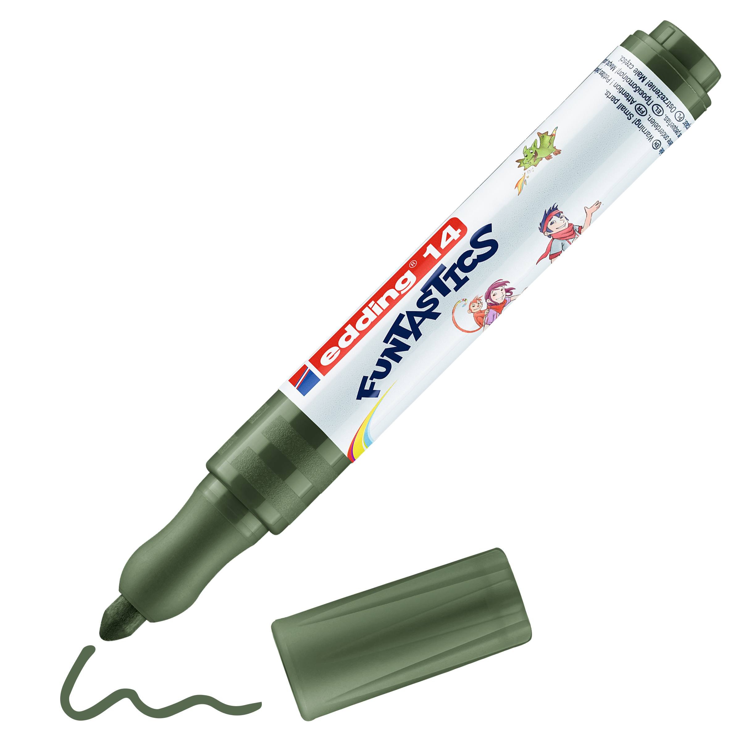 Daneben liegt ein abgenommener grüner edding 14 FUNTASTICS Kinderfasermaler von edding mit verspielten Cartoon-Motiven und einer verschnörkelten grünen Linie, die auf die wasserbasierte Tinte hinweist.