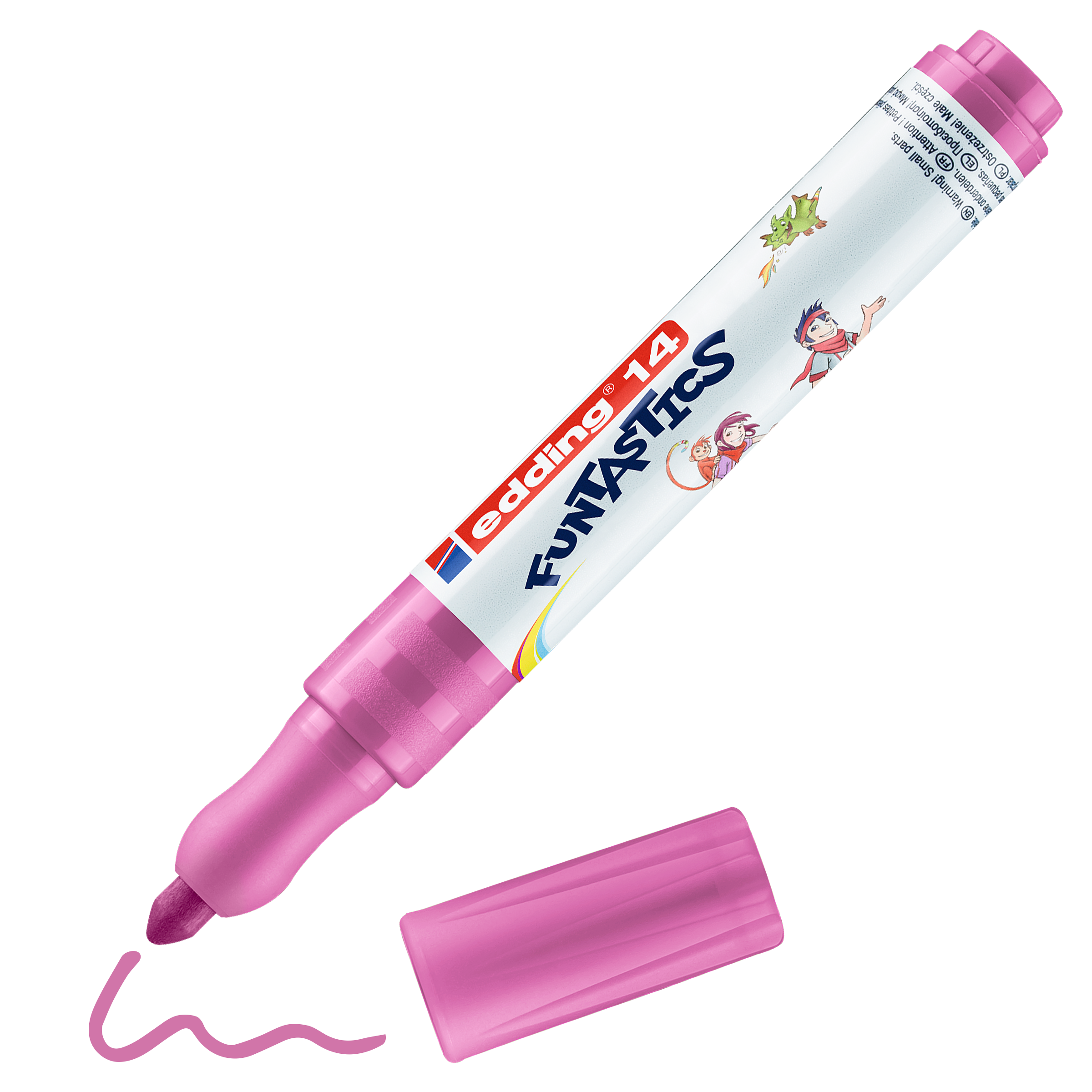 Ein rosafarbener edding 14 FUNTASTICS Kinderfasermaler von edding zeichnet, ohne Kappe und mit daneben liegender Kappe, eine wellenförmige rosa Linie. Das Etikett zeigt verspielte Comicfiguren und verwendet wasserbasierte Tinte.