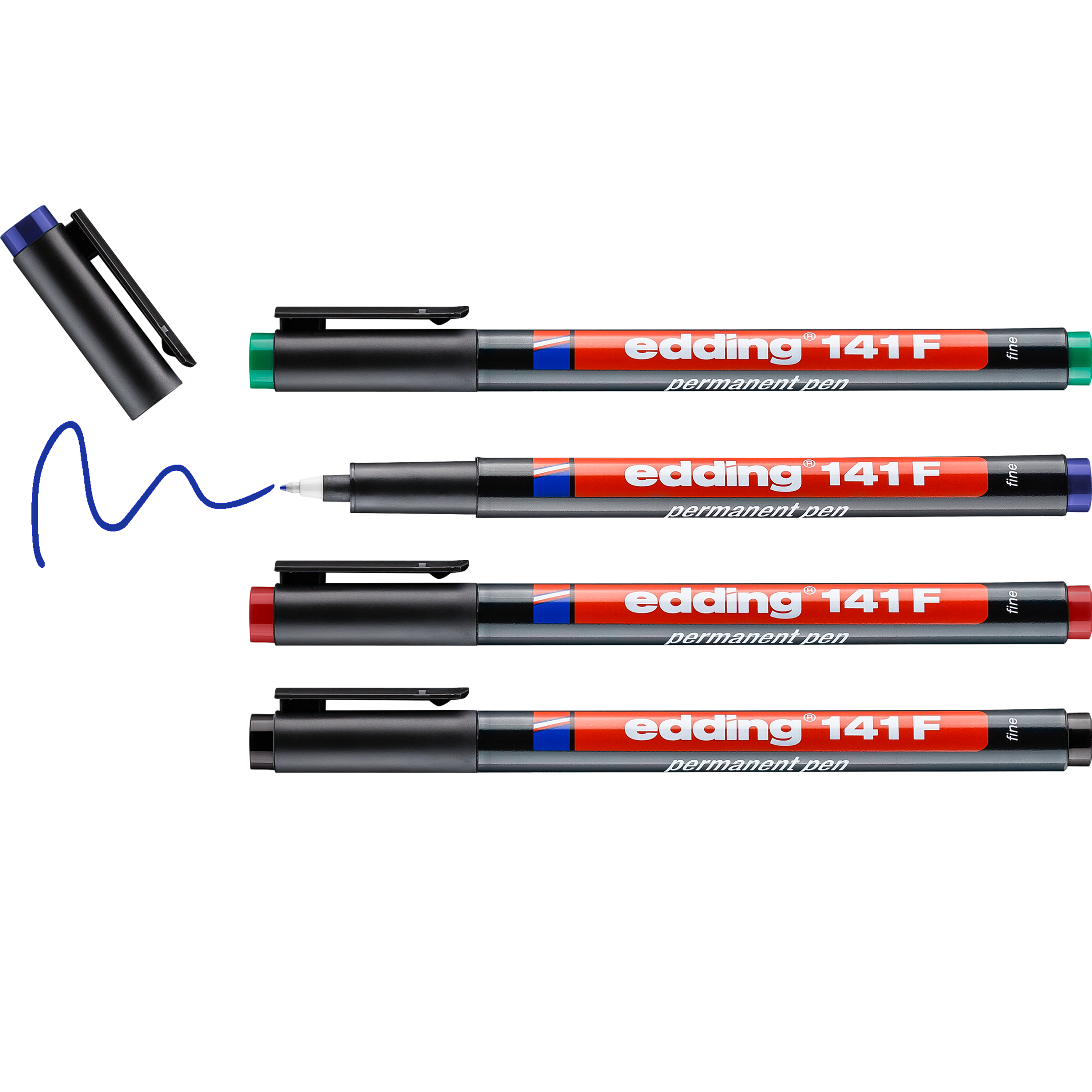 Das edding 141 F Permanenter Folienschreiber 4er-Set von edding enthält grün, rot, schwarz und blau; Ein unverschlossener Stift zieht eine blaue Linie – ideal zum schnelltrocknenden, zuverlässigen Beschriften im Alltag.