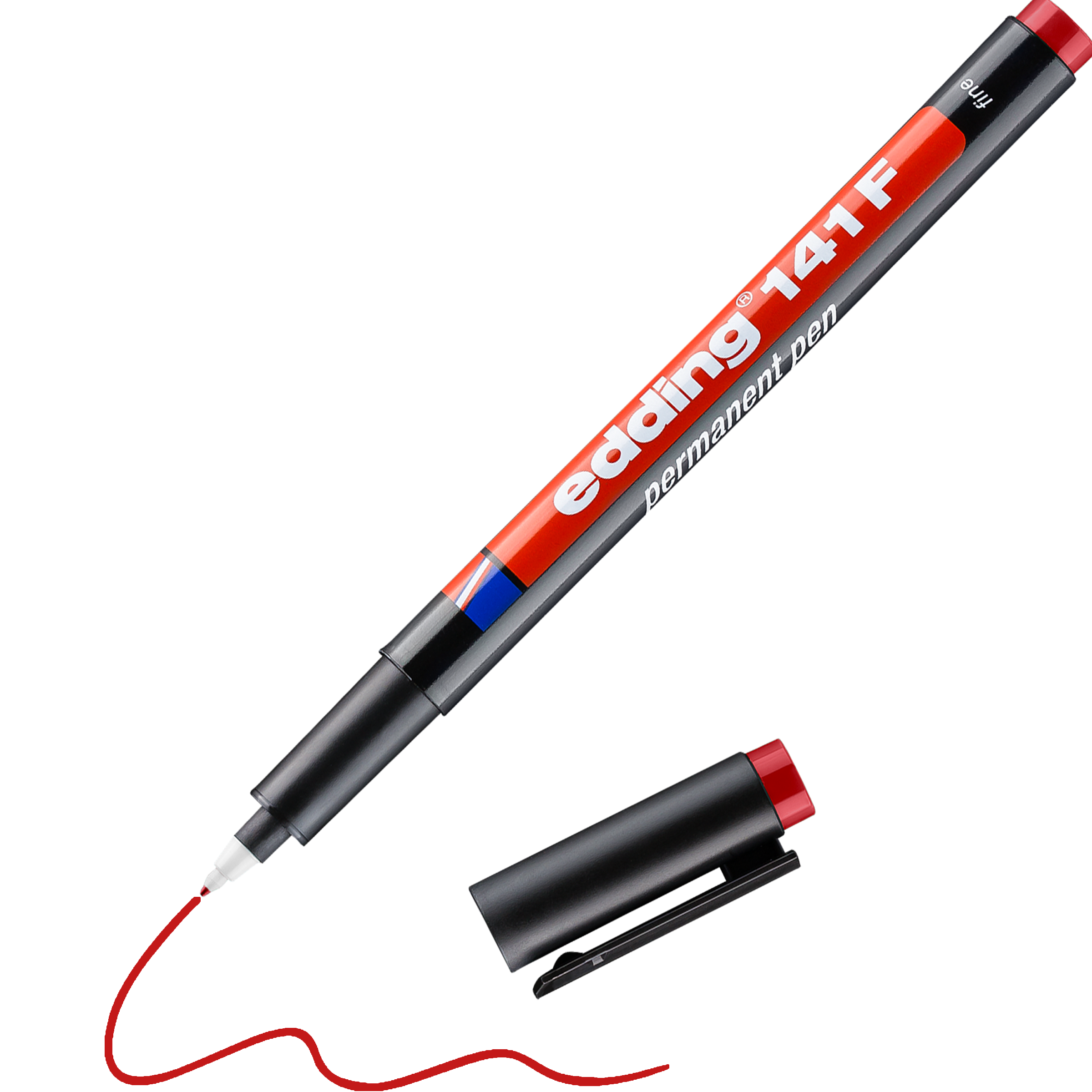 Ein schwarz-roter edding 141 F Permanenter Folienschreiber von edding zeichnet mit abgenommener Kappe eine rote Wellenlinie. Ideal für kreatives Arbeiten, wird der Stift diagonal vor einem einfarbigen Hintergrund platziert.