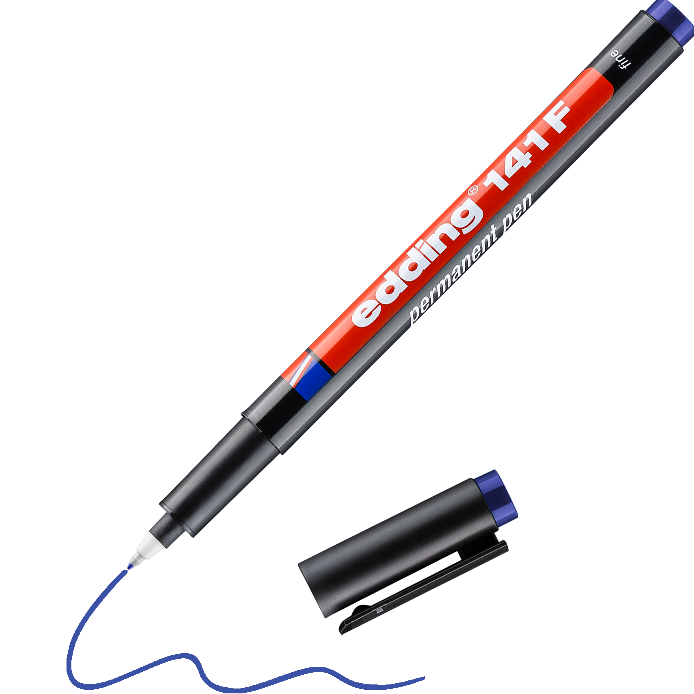 Ein blauer edding 141 F Permanenter Folienschreiber von edding, offen, mit feiner Spitze und einer wellenförmigen blauen Linie aus wasserfester Tinte. Die Kappe befindet sich neben dem Stift, ideal für kreatives Arbeiten.