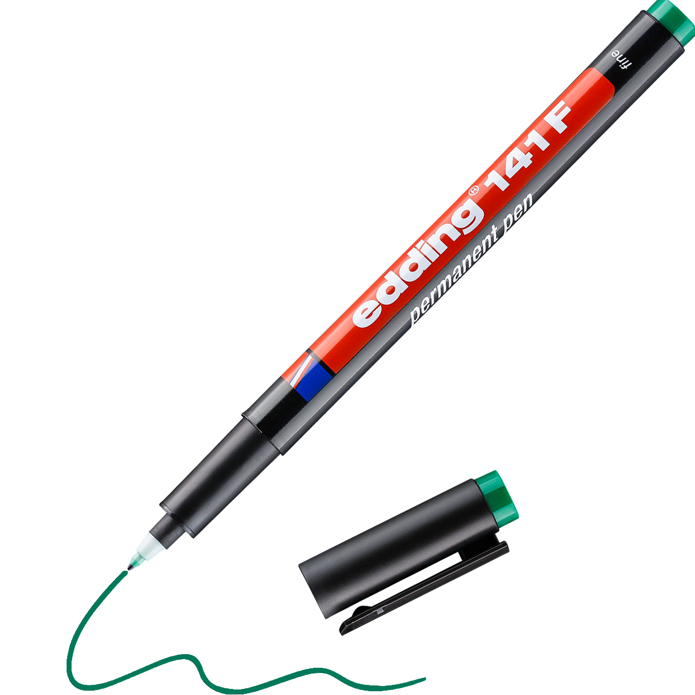 Ein schwarz-roter edding 141 F Permanenter Folienschreiber mit wasserfester Tinte und grüner Spitze zeichnet eine kurvige grüne Linie; Der offene Stift liegt neben seiner Kappe – perfekt für kreatives Arbeiten.