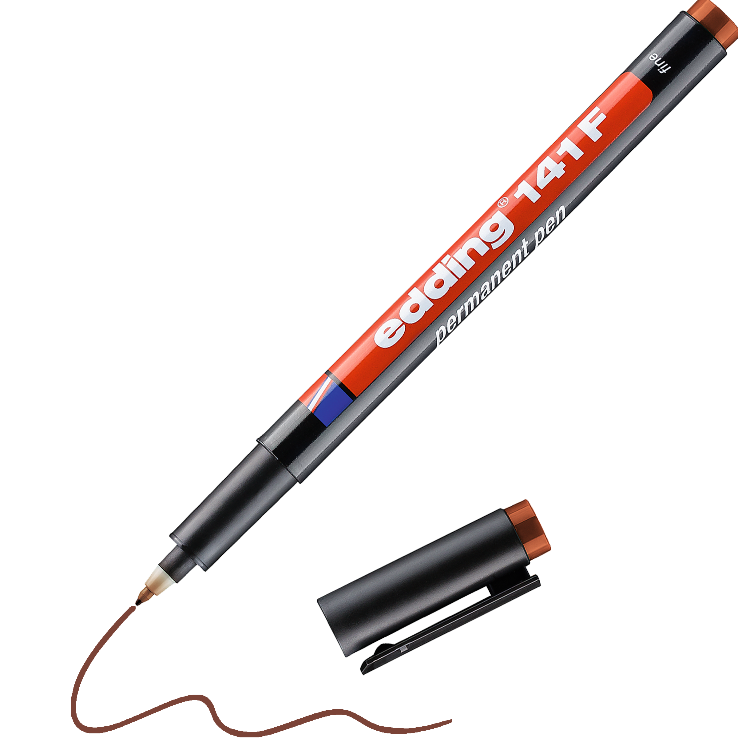 Ein edding 141 F Permanenter Folienschreiber in Schwarz und Rot zeichnet, ohne Kappe, mit der feinen Spitze, einen braunen Schnörkel. Die Kappe liegt in der Nähe – ideal für kreatives Arbeiten mit der wasserfesten Tinte von edding.