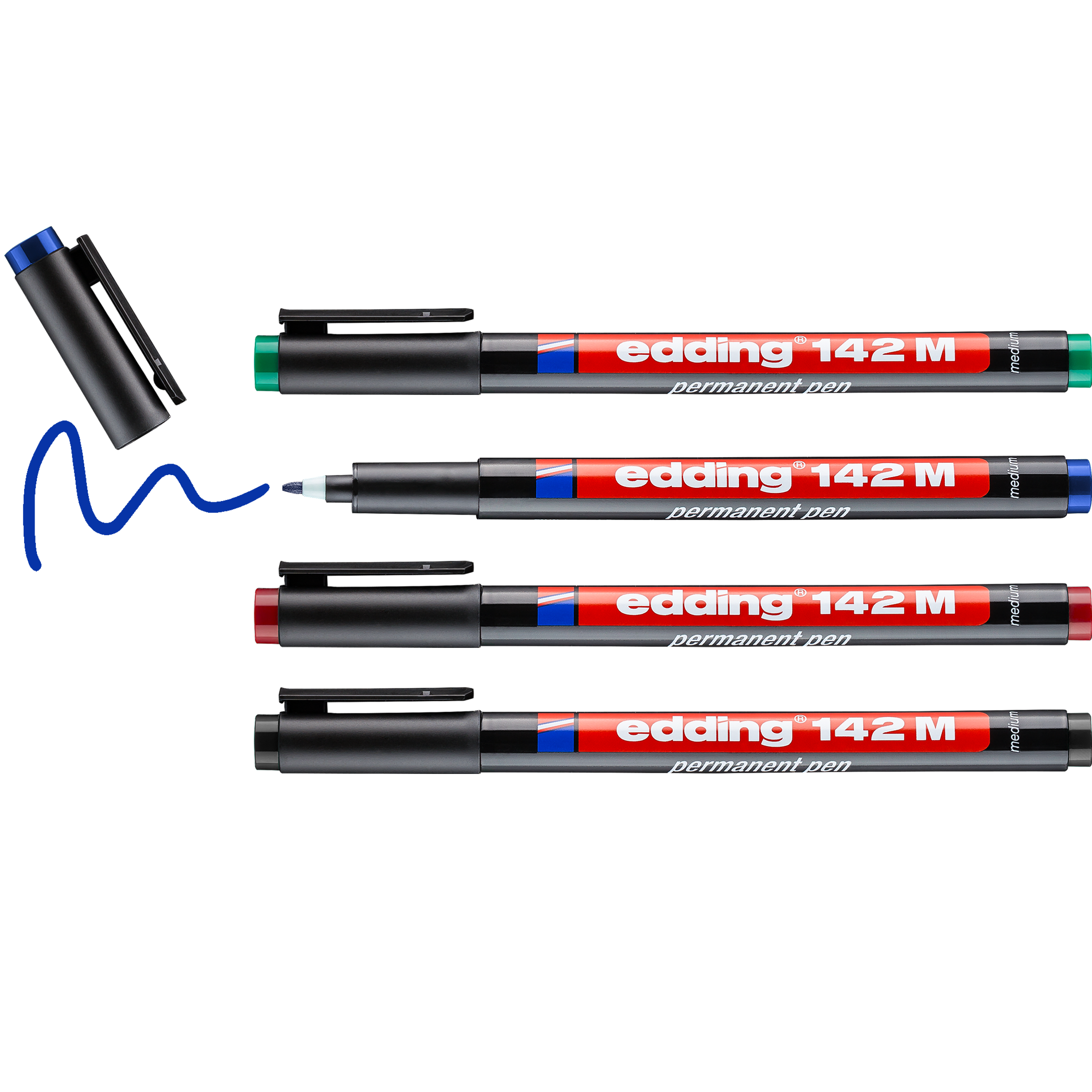 Das edding 142 M Permanenter Folienschreiber 4er-Set von edding besteht aus vier Markern (grün, schwarz, rot, blau) in einer Reihe, wobei der blaue Stift ohne Kappe und mit vorgezeichneter Linie ist – ideal für permanentes Schreiben mit wasserfester Tinte.