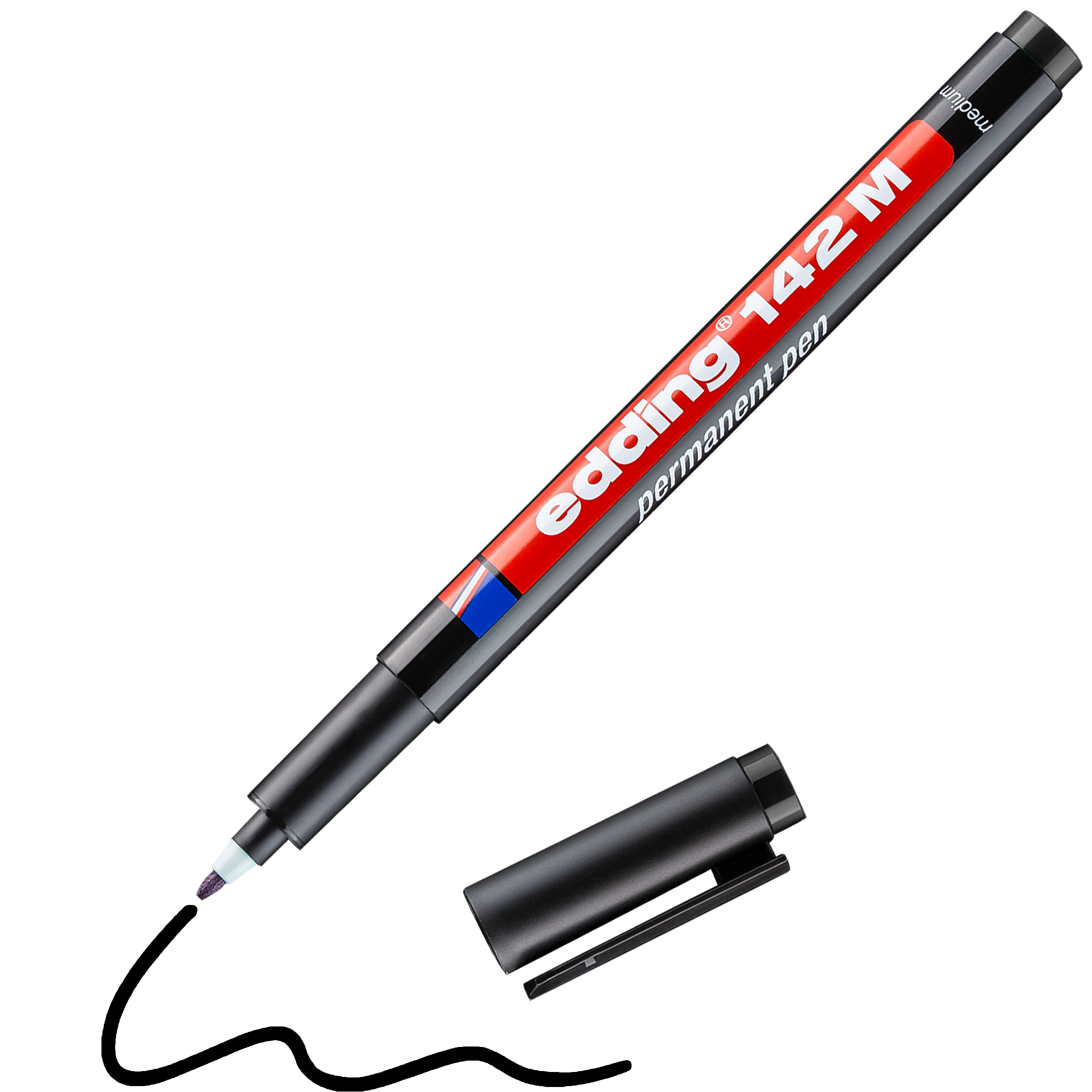 Abgebildet ist ein schwarzer edding 142 M Permanenter Folienschreiber von edding ohne Kappe, mit sichtbarer feiner violetter Spitze, ideal für permanentes Schreiben. Der Stift liegt diagonal auf einem schlichten schwarzen Untergrund, die Kappe daneben.