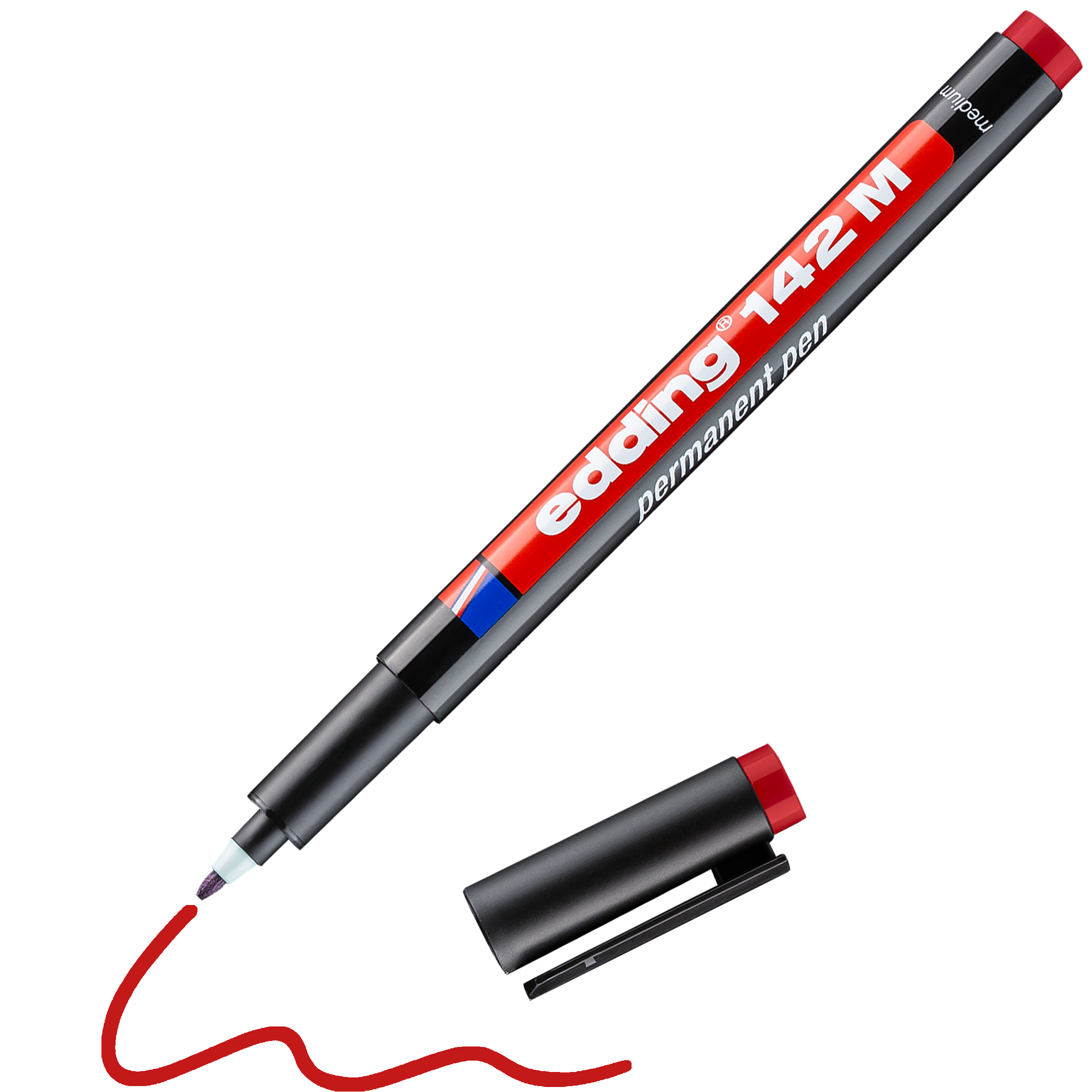 Ein edding 142 M Permanenter Folienschreiber von edding zeichnet ohne Kappe eine rote Wellenlinie auf Weiß, perfekt für permanentes Schreiben. Die Kappe liegt daneben.