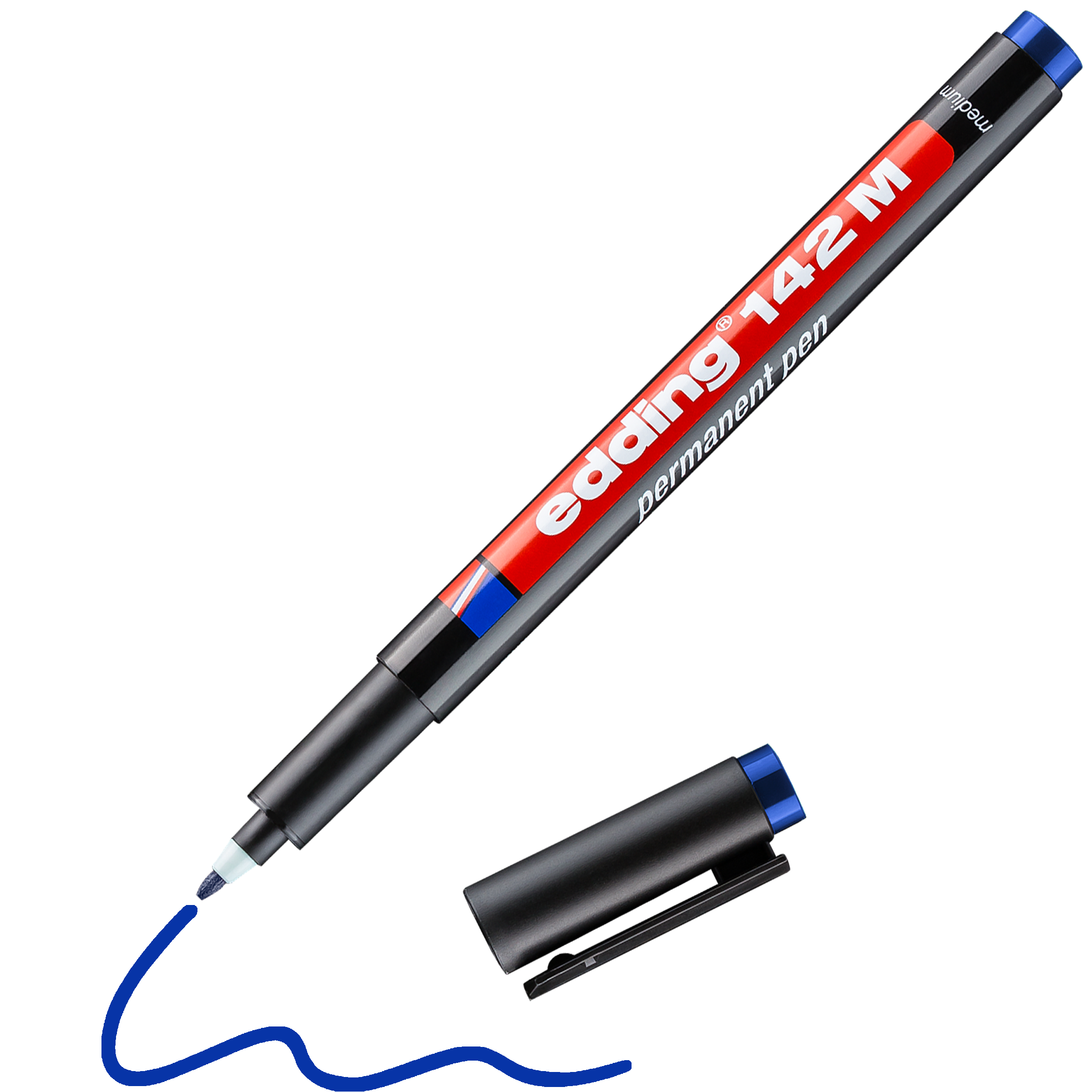 Der edding 142 M Permanenter Folienschreiber von edding zeichnet mit blauer, wasserfester Tinte eine wellenförmige Linie. Seine schwarze Kappe mit blauem Ende liegt neben dem Stift, dessen Schaft rot-weiß beschriftet ist – ideal für permanentes Schreiben auf Overheadfolien.