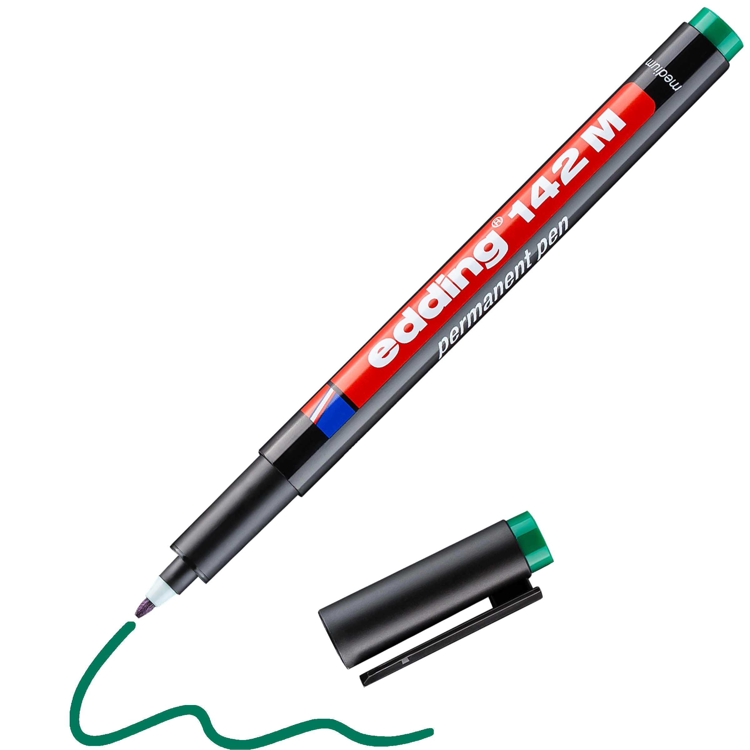 Der edding 142 M Permanenter Folienschreiber von edding ist ohne Kappe mit grüner Spitze und Kappe abgebildet und zeichnet eine wellenförmige grüne Linie. Perfekt für permanentes Schreiben auf Overheadfolien, liegt der Stift diagonal auf weißem Untergrund.