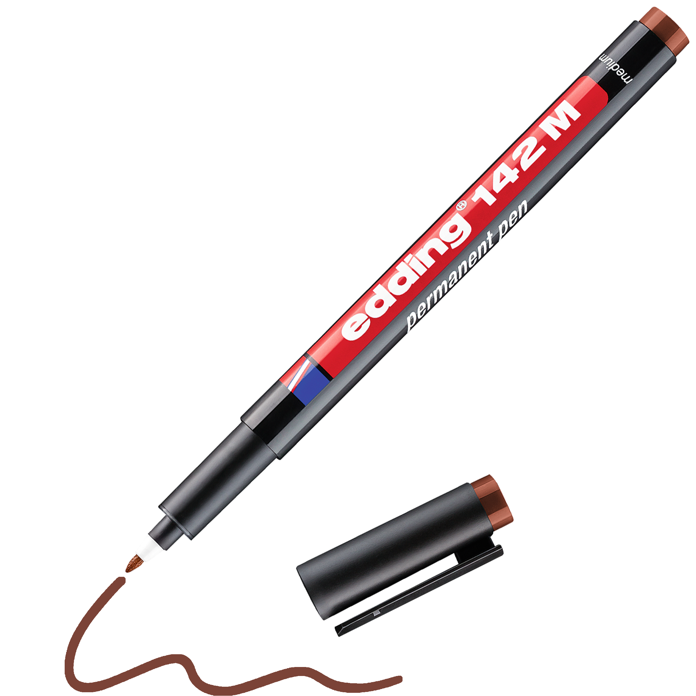 Daneben liegt ein schwarz-roter edding 142 M Permanenter Folienschreiber von edding ohne Kappe und mit einer wellenförmigen braunen Linie permanenter Tinte – ideal zum Schreiben auf Overhead-Folien.