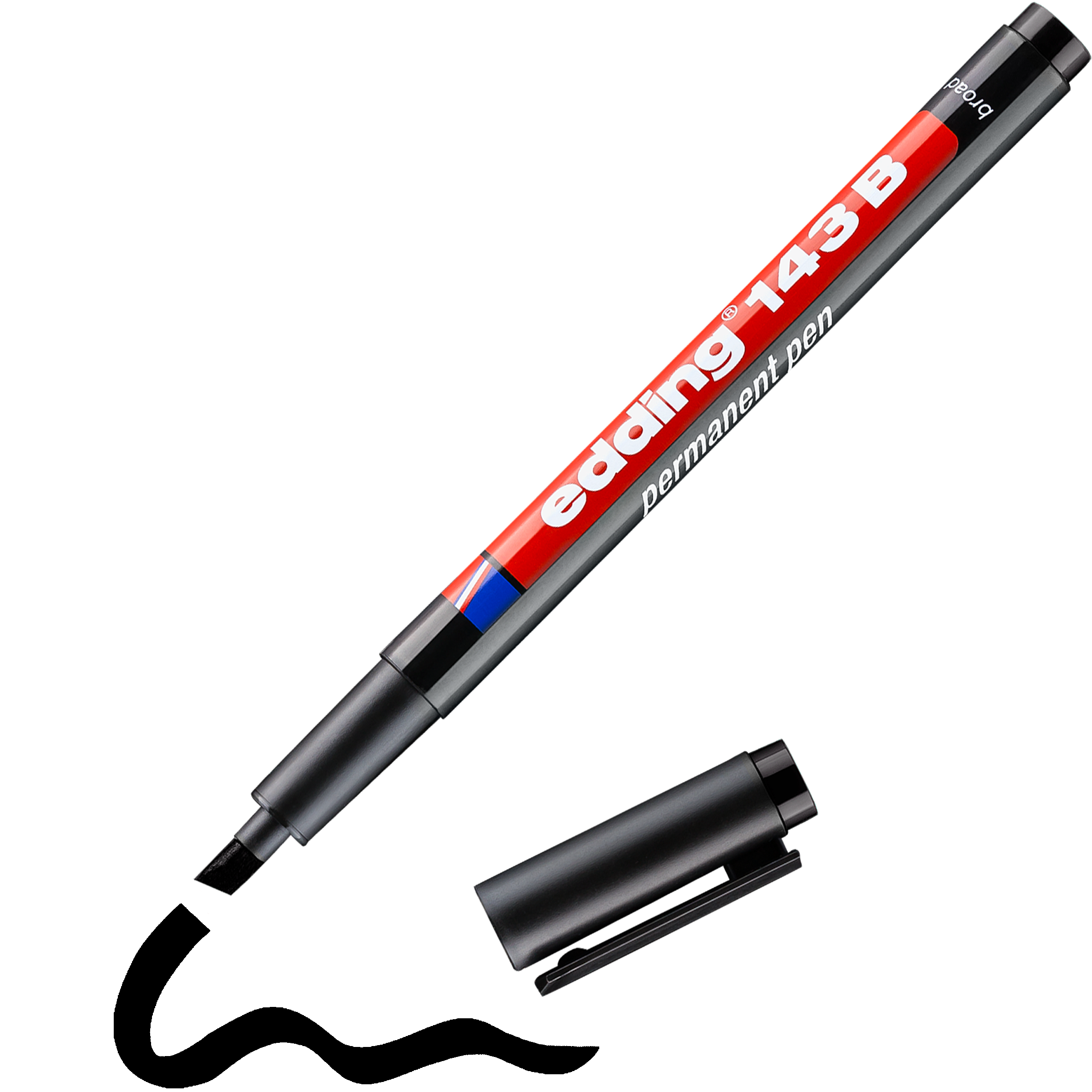 Ein schwarzer edding 143 B Permanenter Folienschreiber von edding, abgebildet ohne Kappe, mit freiliegender Keilspitze und daneben platzierter Kappe. Der Stift verfügt über ein rot-weiß-blaues Etikett und ist ideal für permanentes Schreiben.