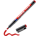 Ein roter edding 143 B Permanenter Folienschreiber ohne Kappe liegt neben einer wellenförmigen roten Linie, die mit wasserfester Tinte gezeichnet ist. Das Etikett des Markers mit der Marke edding ist deutlich sichtbar.