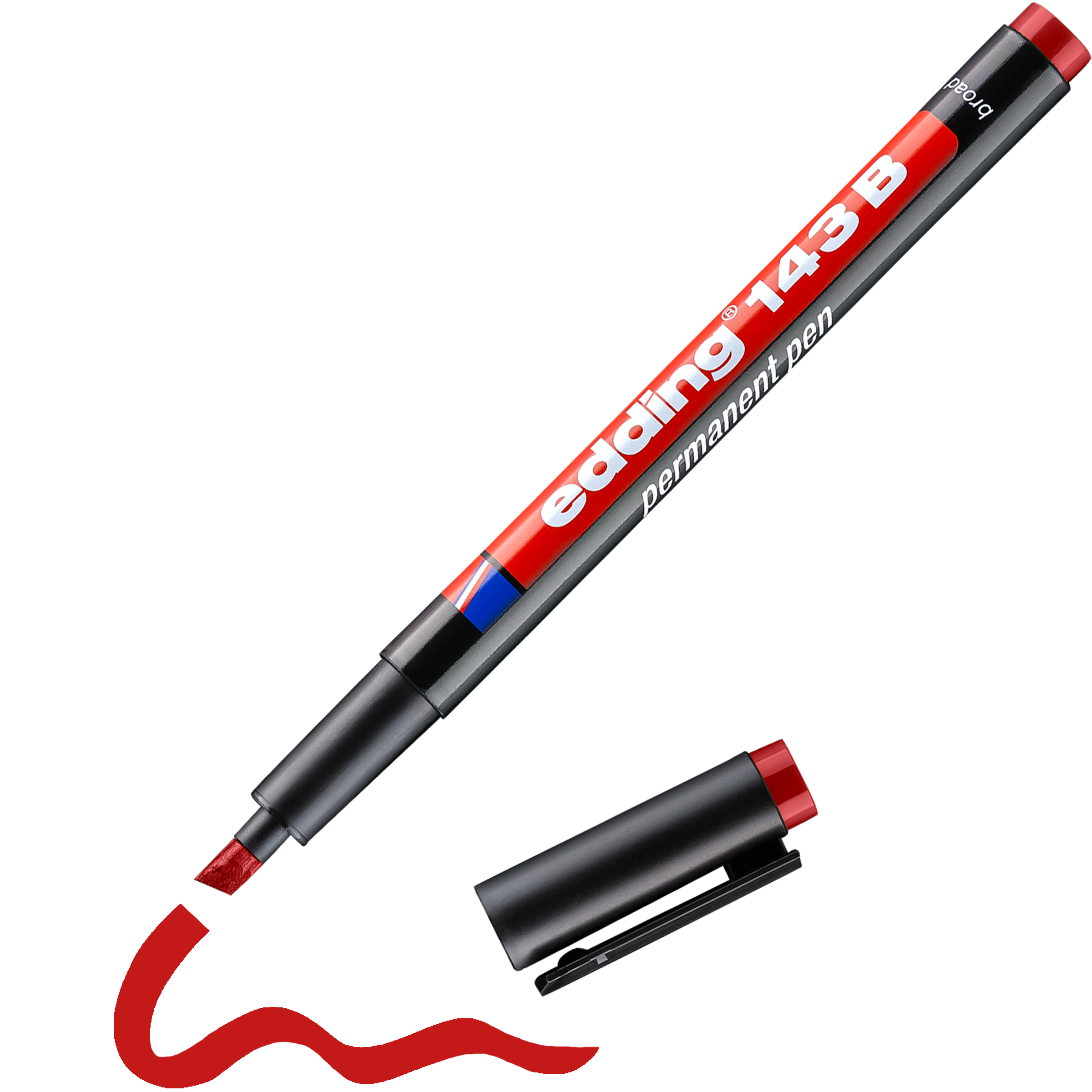 Ein roter edding 143 B Permanenter Folienschreiber ohne Kappe liegt neben einer wellenförmigen roten Linie, die mit wasserfester Tinte gezeichnet ist. Das Etikett des Markers mit der Marke edding ist deutlich sichtbar.