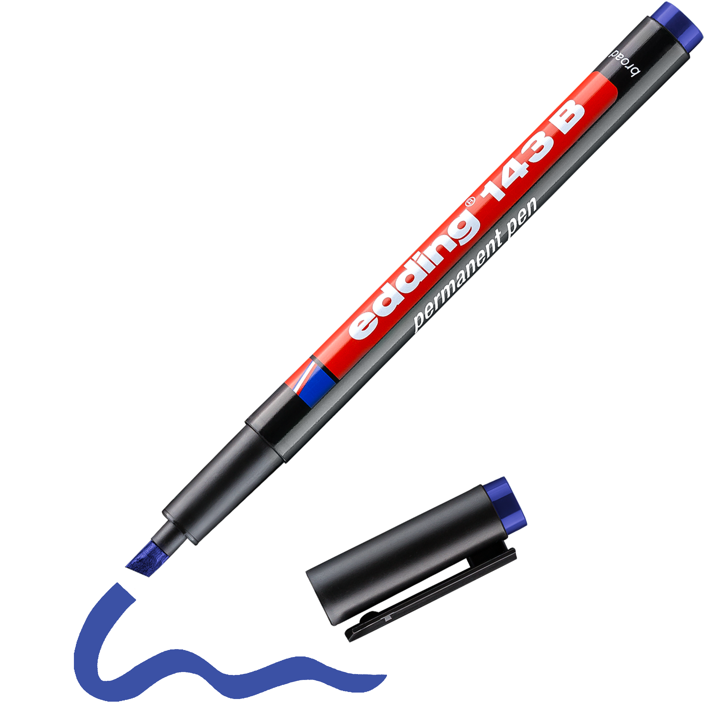 Ein blauer edding 143 B Permanenter Folienschreiber ohne Kappe liegt neben einer blauen Wellenlinie auf weißem Grund – perfekt für permanentes Schreiben mit wasserfester Tinte.
