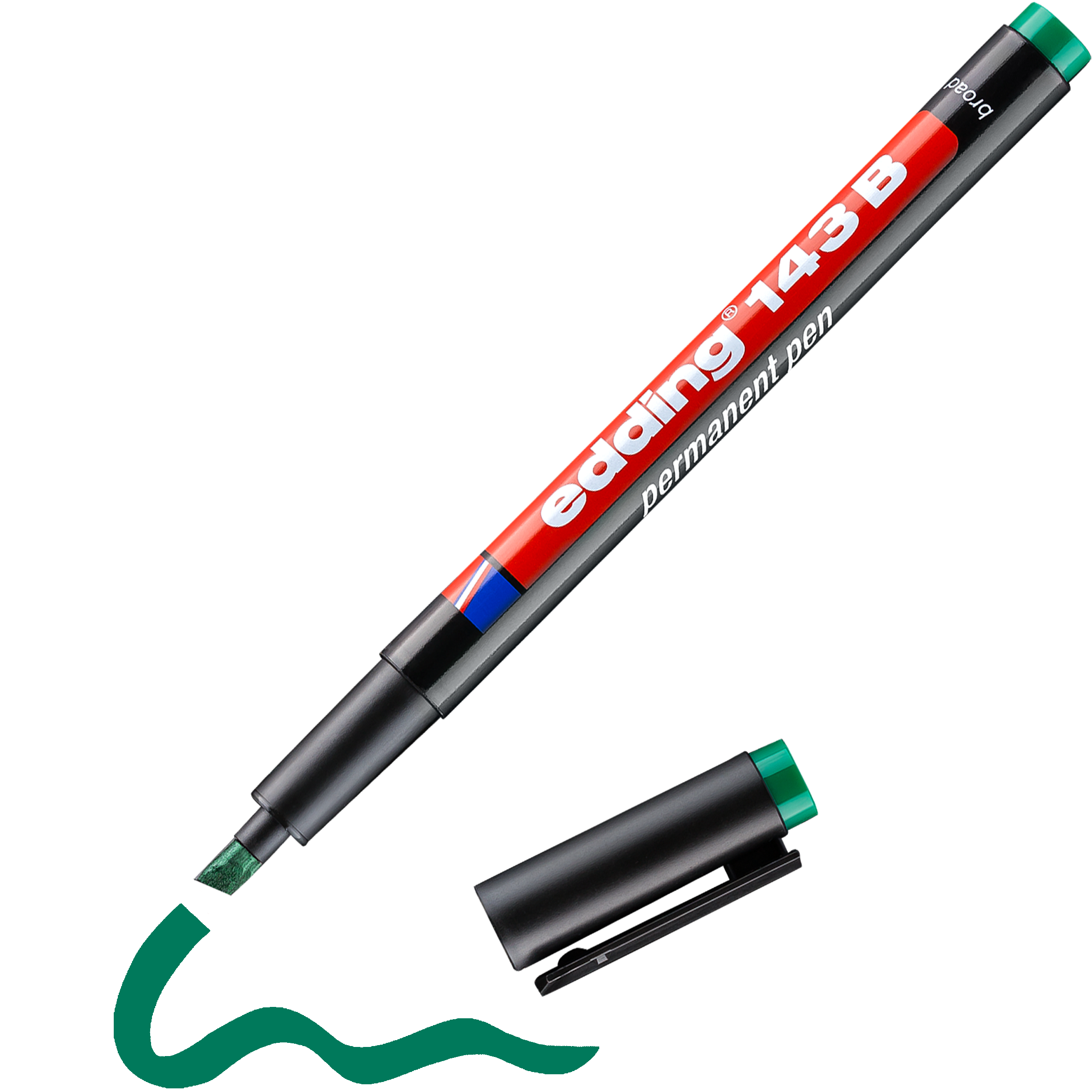 Ein grüner edding 143 B Permanenter Folienschreiber von edding, ohne Kappe, sodass die Keilspitze sichtbar ist, unter der eine grüne Schlangenlinie mit wasserfester Tinte gezeichnet ist.