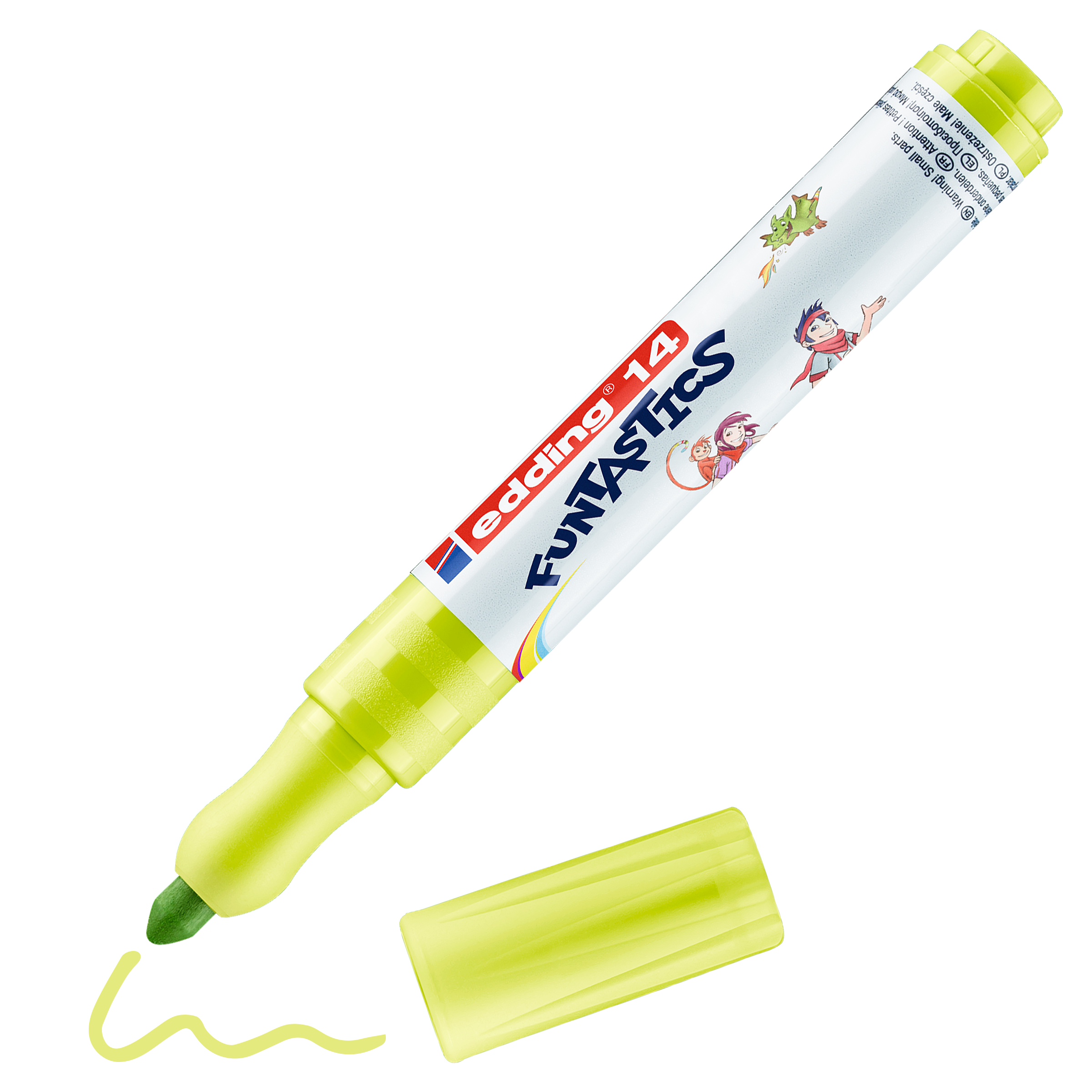 Ein gelbgrüner edding 14 FUNTASTICS Kinderfasermaler von edding zeichnet mit abgenommener Kappe eine Schlangenlinie. Der Marker zeigt farbenfrohe Cartoon-Illustrationen und verwendet wasserbasierte Tinte.