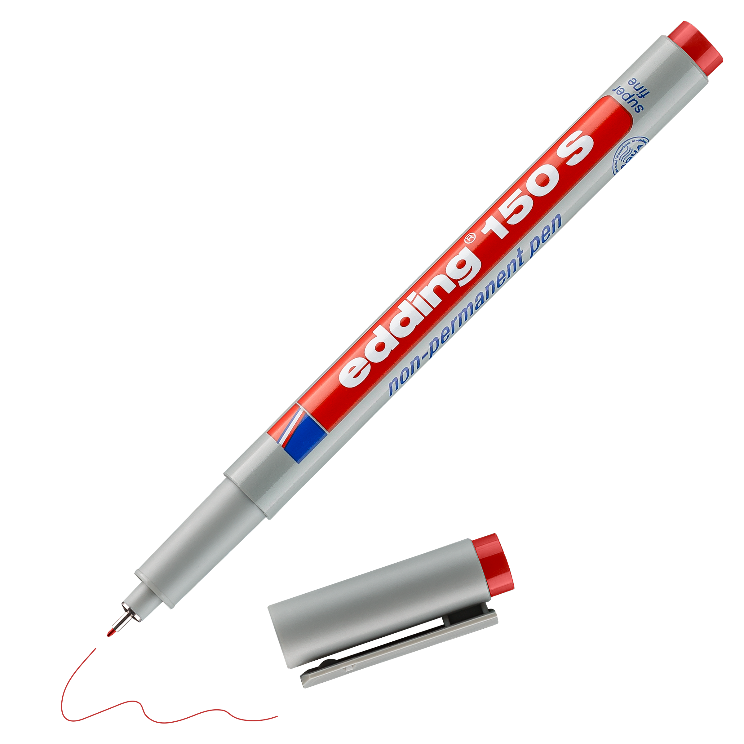 Ein grau-roter edding 150 S Non-permanenter Folienschreiber von edding mit roter Kappe und praktischem Clip daneben zeichnet eine dünne rote Linie und zeigt dabei seine feine Spitze.