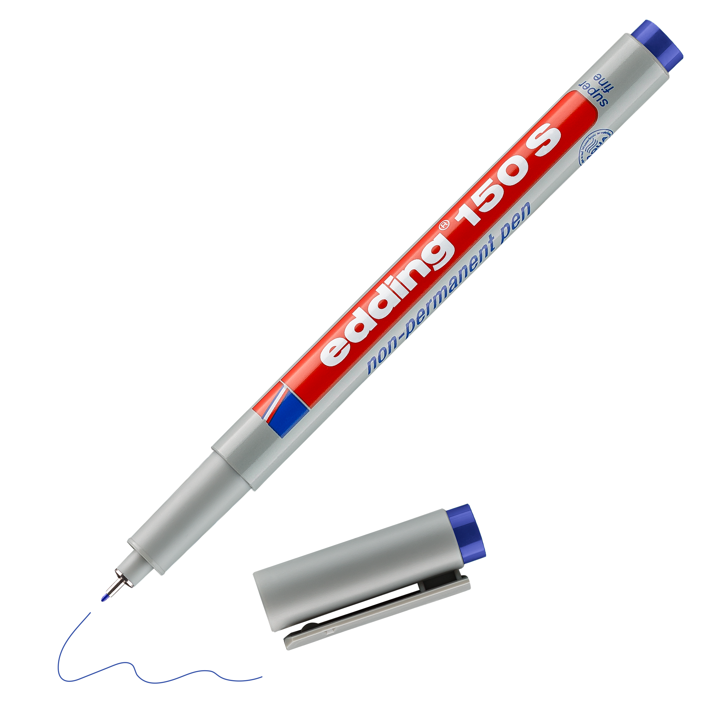 Ein grauer edding 150 S Non-permanenter Folienschreiber zeichnet eine wellenförmige blaue Linie. Die blaue Kappe mit praktischem Clip liegt daneben. Der Stift trägt das für edding Produkte typische rot-weiß-blaue Markenlogo.
