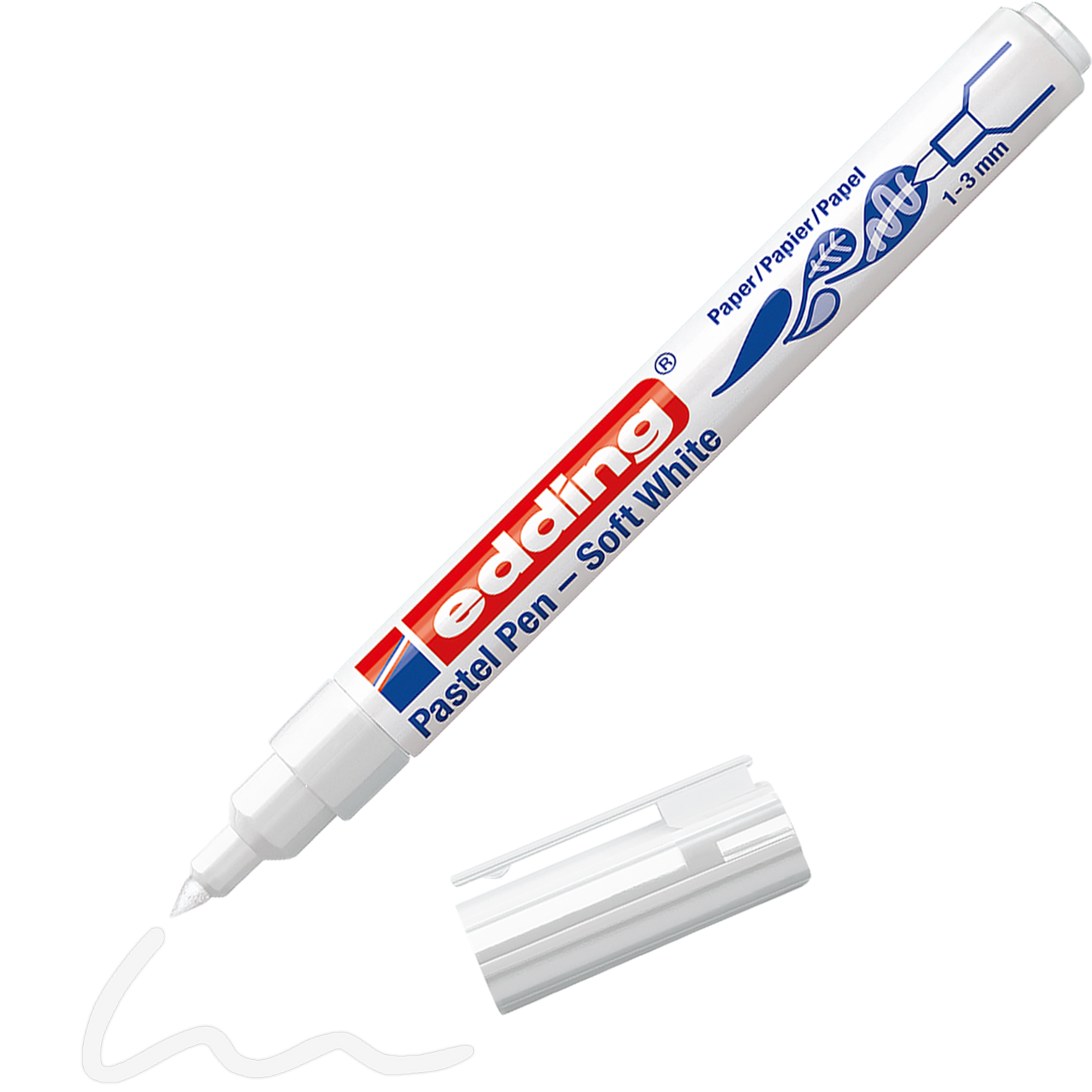 Ein edding 1500 Pastellstift von edding zeigt ohne Kappe seine feine Spitze. Der wasserbasierende Stift trägt die Aufschrift „Pastel Pen – Soft White“, „1-3 mm“ und zeichnet mit der danebenliegenden Kappe eine wellenförmige weiße Linie.