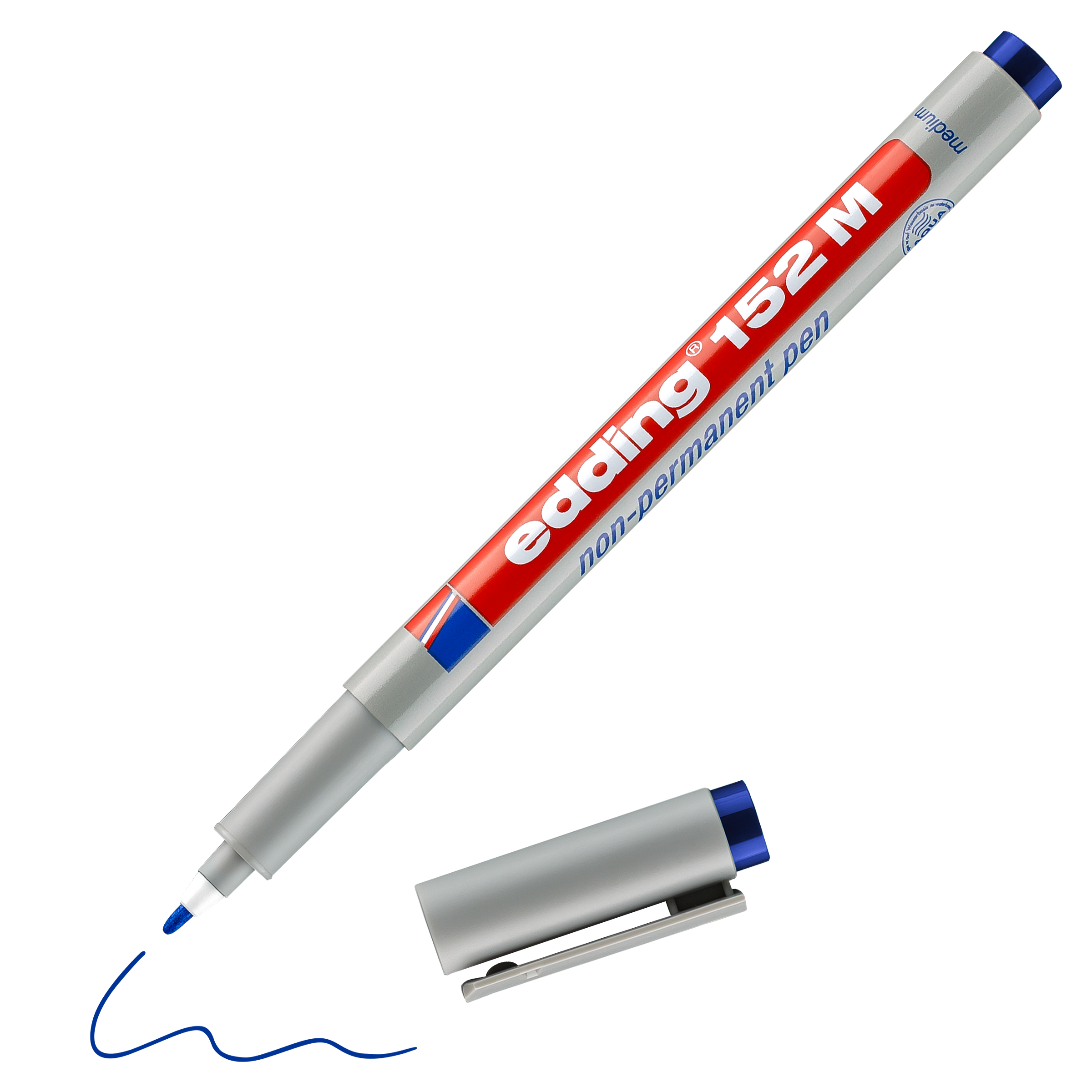 Ein silber-blauer edding 152 M Non-permanenter Folienschreiber von edding, abgebildet ohne Kappe auf schwarzem Untergrund, zeichnet mit der daneben platzierten Kappe eine blaue Wellenlinie.