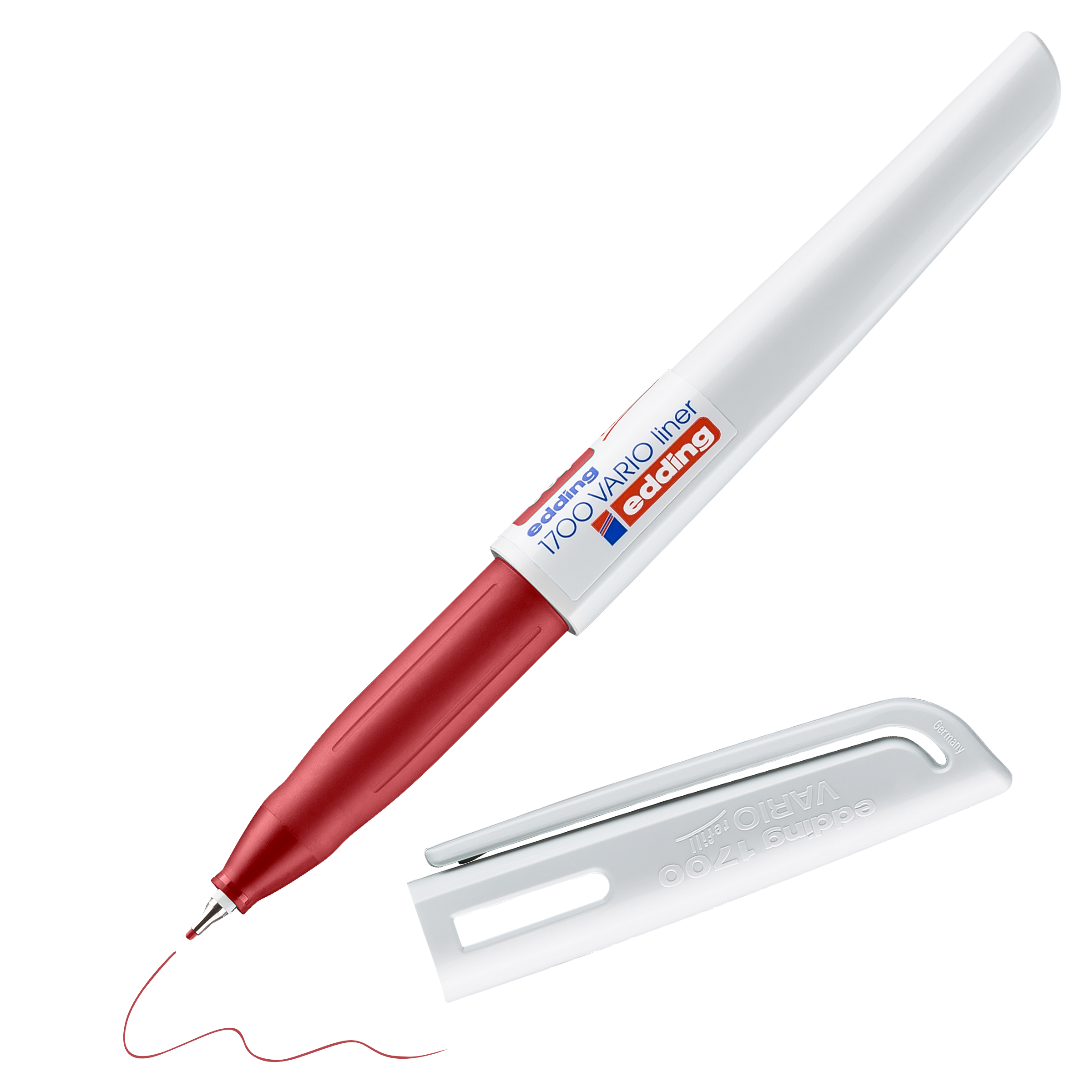 Ein roter edding 1700 VARIO Fineliner von edding, dessen weiße Kappe abgenommen ist, wird neben einer kurzen, geschwungenen roten Markierung platziert, die er mit Wasserbasis-Tinte gemacht hat.