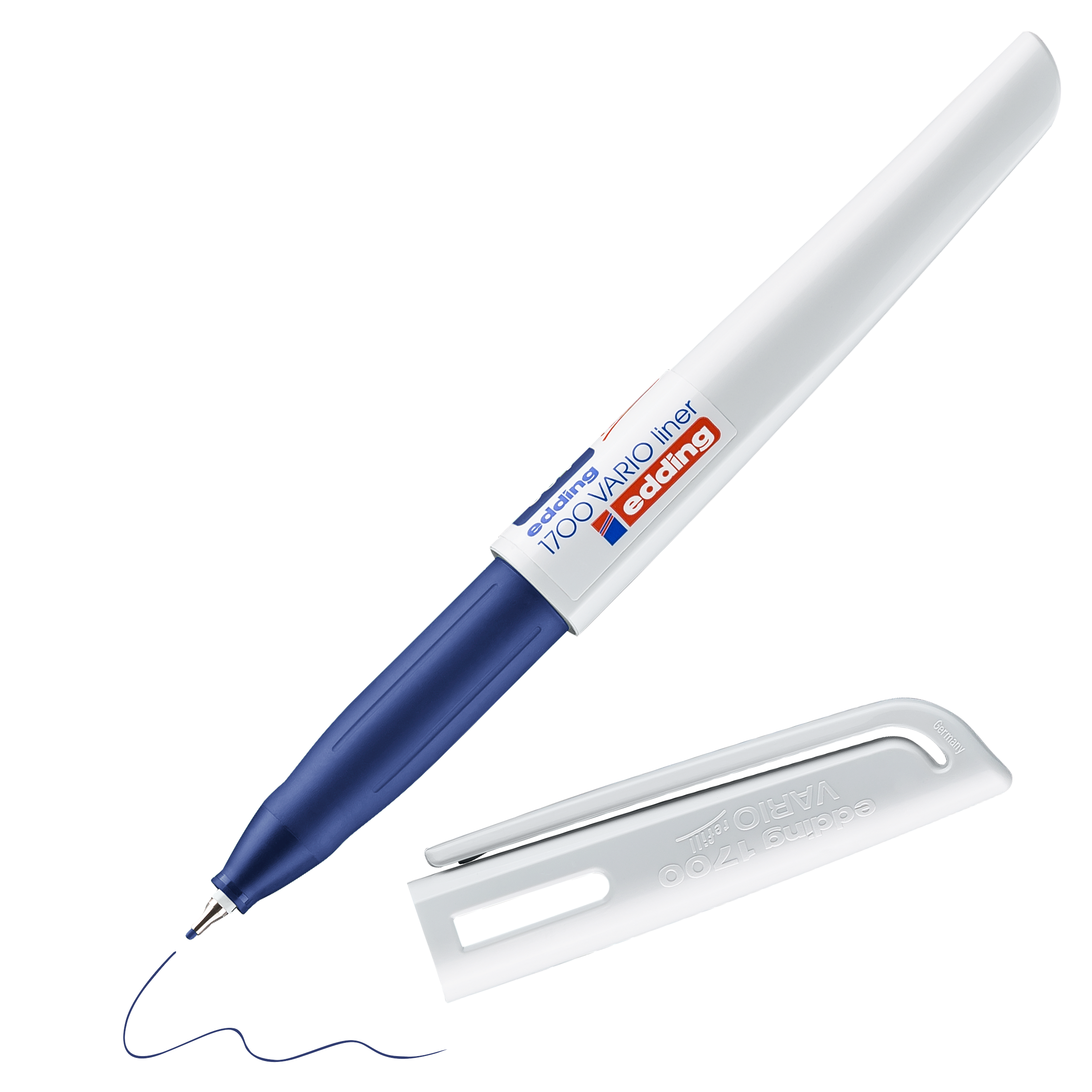 Ein blauer edding 1700 VARIO Fineliner von edding, dessen weiße Kappe abgenommen ist und daneben liegt, mit freiliegender Spitze und einer kurzen, gewellten blauen Linie, die von der Feder gezogen wird, zeigt Wasserbasis-Tinte für gleichmäßiges Schreiben.
