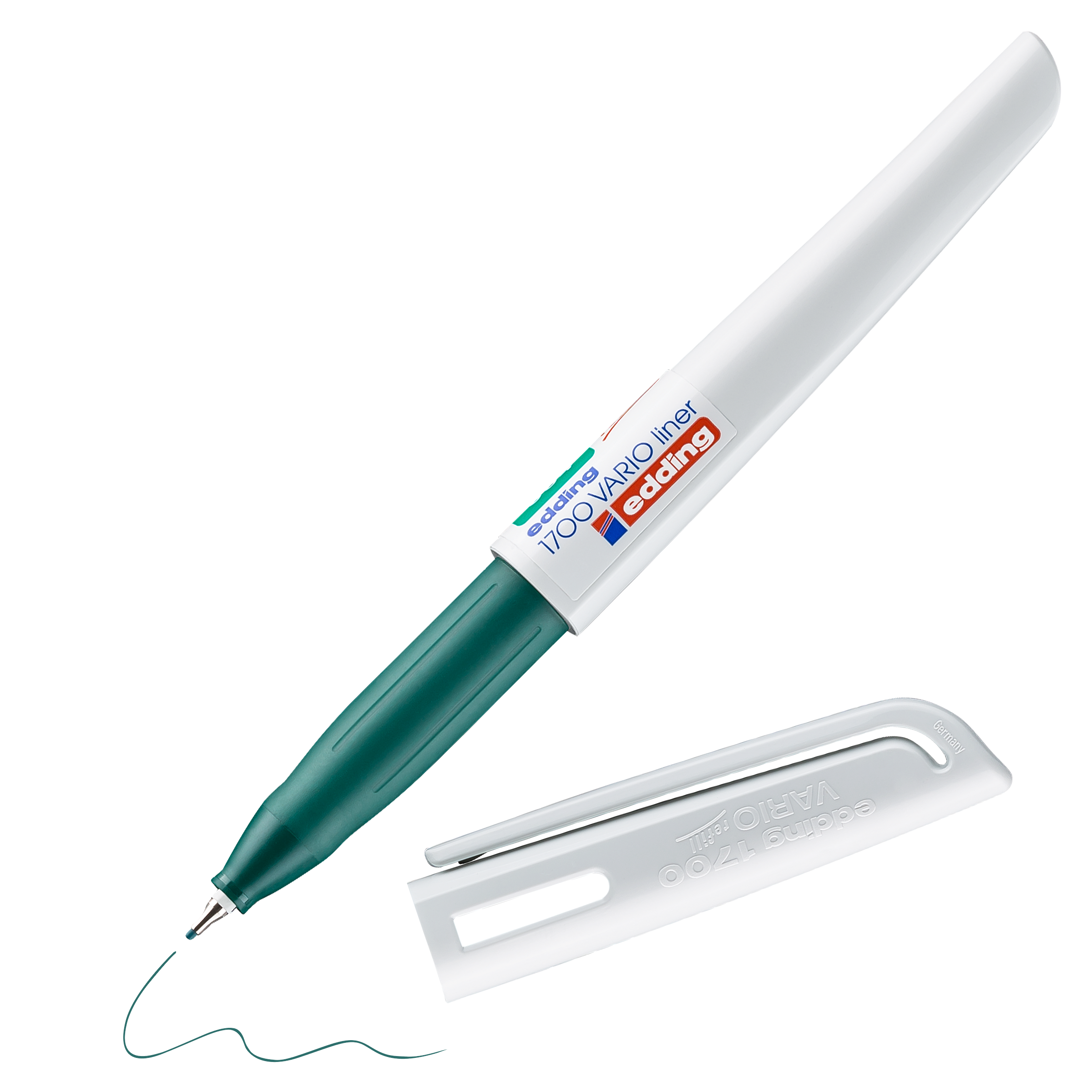 Daneben liegt ein grün-weißer Fineliner edding 1700 VARIO von edding ohne Kappe, von dessen Spitze aus eine mit wasserbasierter Tinte gezogene Wellenlinie zu sehen ist.
