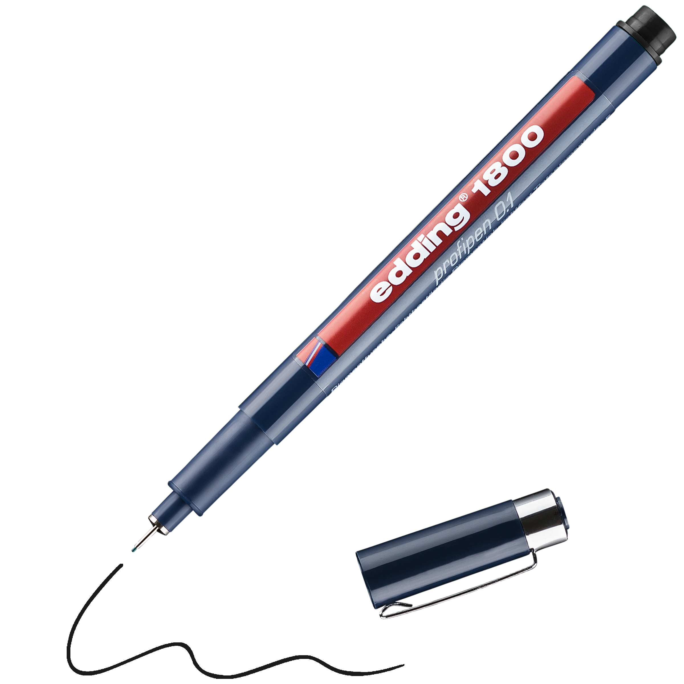Ein blauer edding 1800 Präzisionsfeinschreiber ohne Kappe zeigt die schwarze Spitze und eine wellenförmige schwarze Pigmenttintenlinie – perfekt für technische Zeichnungen. Die Kappe liegt neben diesem edding Stift.