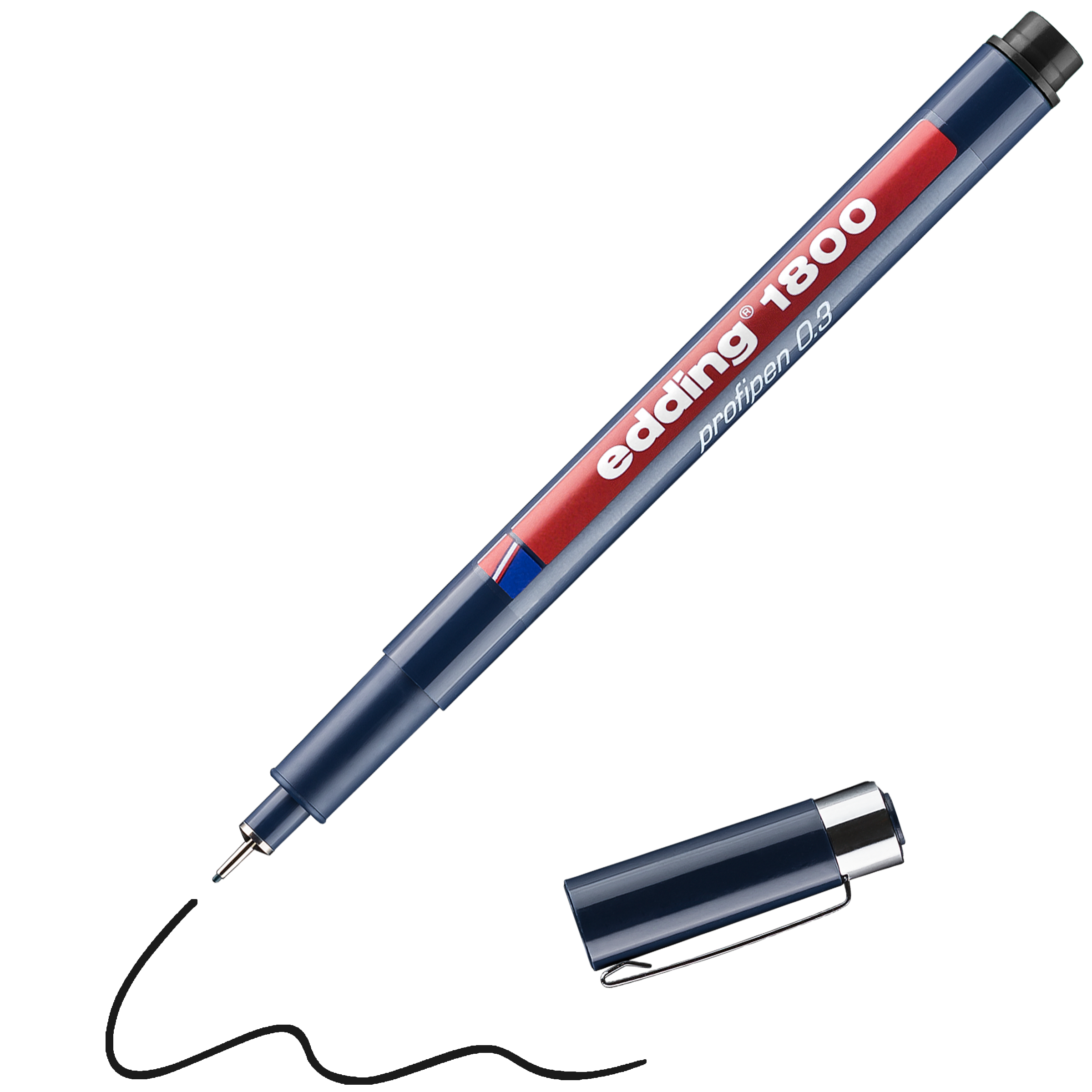 Ein blauer edding 1800 Präzisionsfeinschreiber ohne Kappe zeigt mit seiner feinen Spitze eine schwarze Linie – perfekt für Handlettering. Die Kappe liegt neben dem edding Stift.