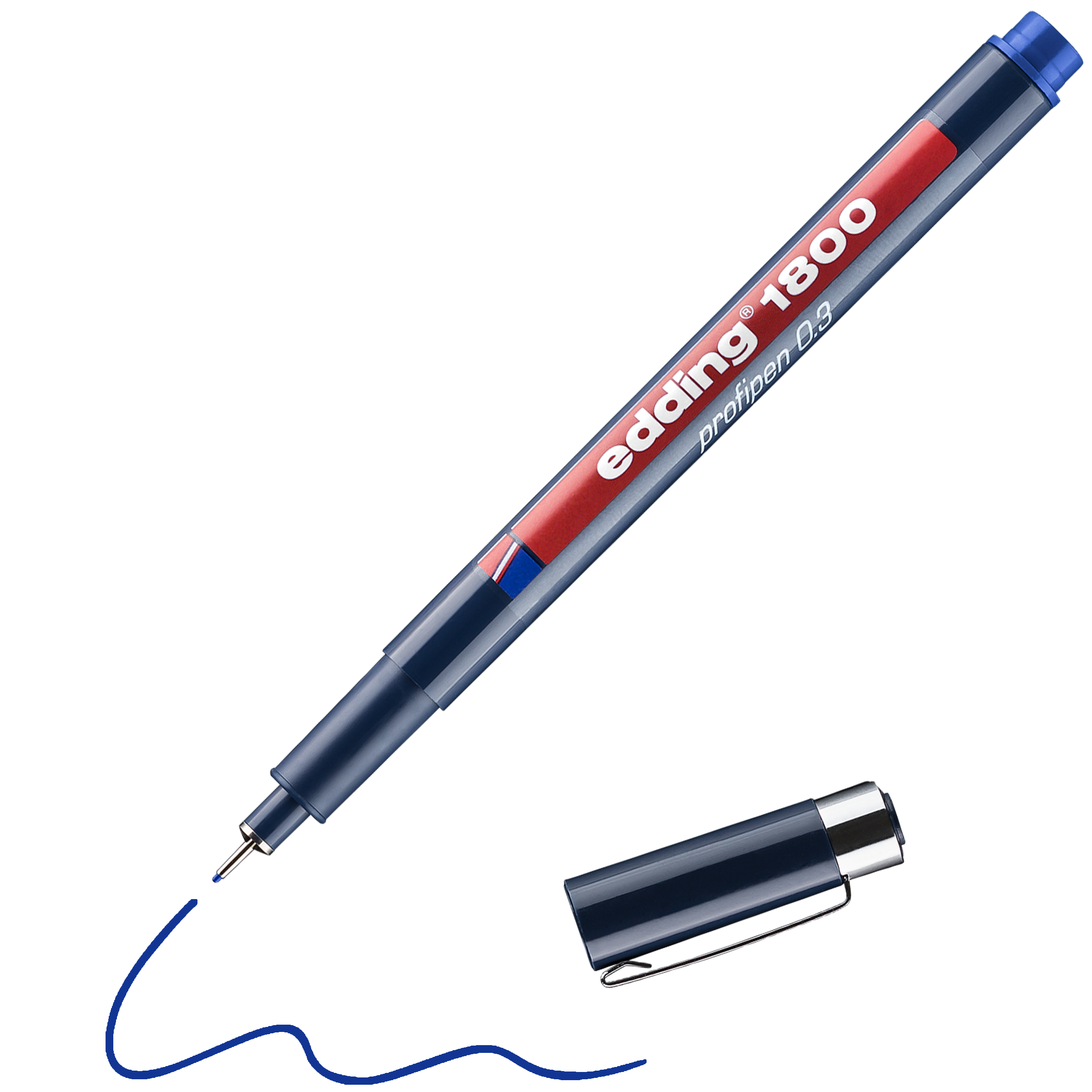 Ein blauer edding 1800 Präzisionsfeinschreiber zeichnet ohne Kappe eine wellenförmige blaue Linie – ideal für präzise technische Zeichnungen. Das rot-weiße edding-Logo ist auf dem Schaft sichtbar.