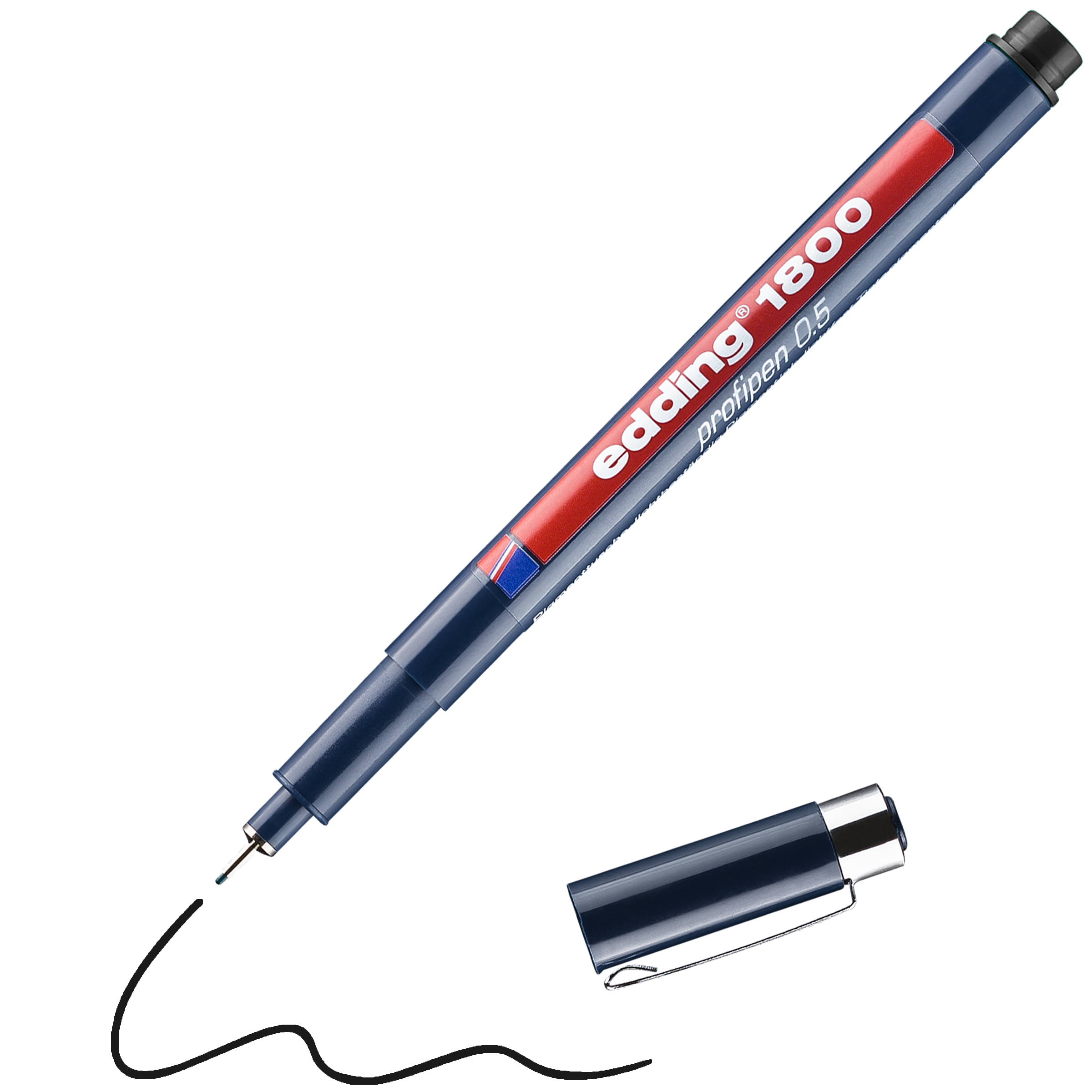 Ein blauer edding 1800 Präzisionsfeinschreiber von edding, ohne Kappe und mit einer klaren schwarzen Linie in hochwertiger Pigmenttinte, ist ideal für Handlettering und bietet dauerhafte Präzision.