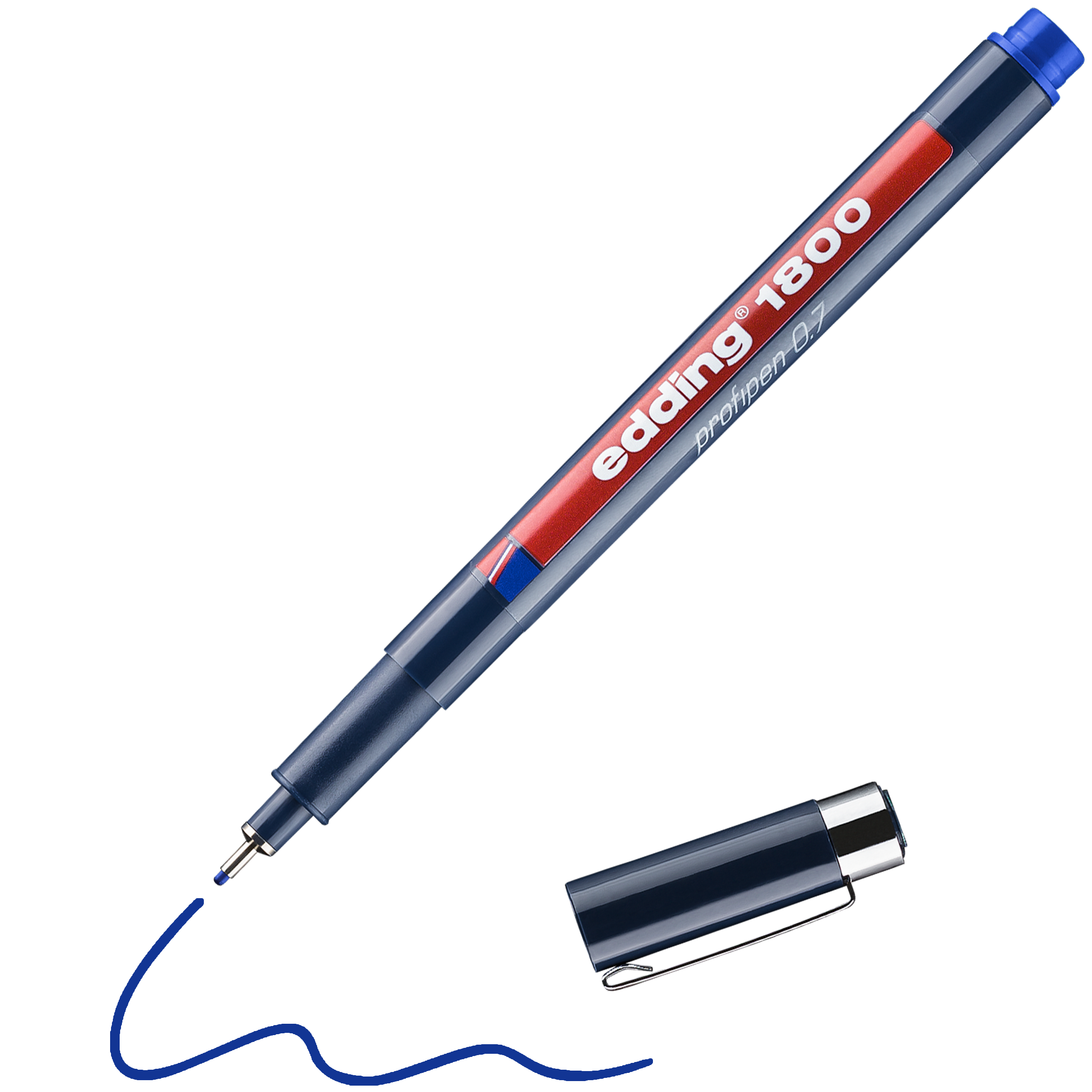 Ein blauer edding 1800 Präzisionsfeinschreiber von edding zeigt ohne Kappe die feine Spitze und eine verschnörkelte blaue Linie in Pigmenttinte, während die Kappe in der Nähe liegt.