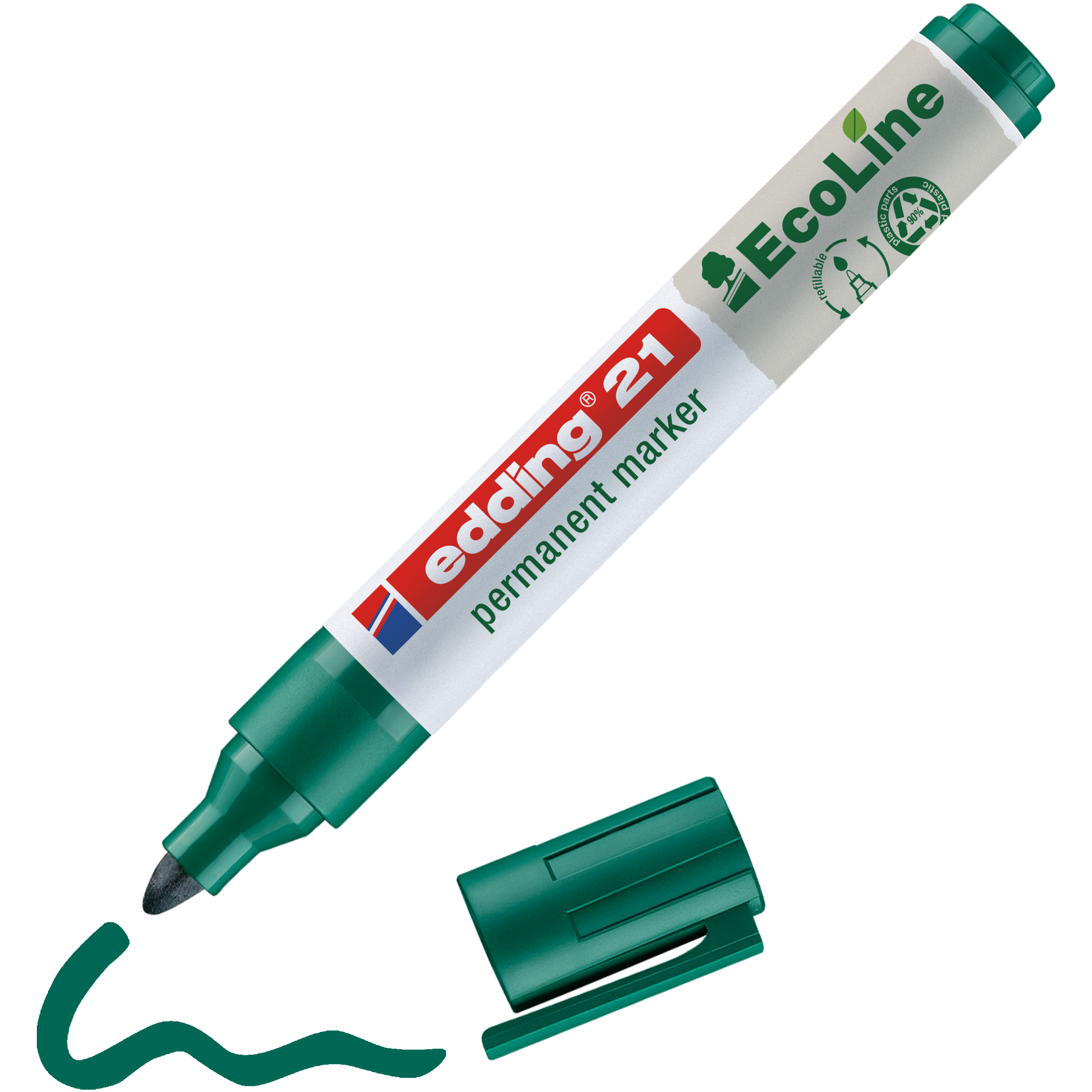 Ein edding 21 EcoLine Permanentmarker ohne Kappe mit grüner Kappe liegt neben einer wellenförmigen grünen Linie, die er selbst gezeichnet hat. Das Etikett ist mit umweltfreundlichem Branding und recyceltem Material der Marke edding versehen.