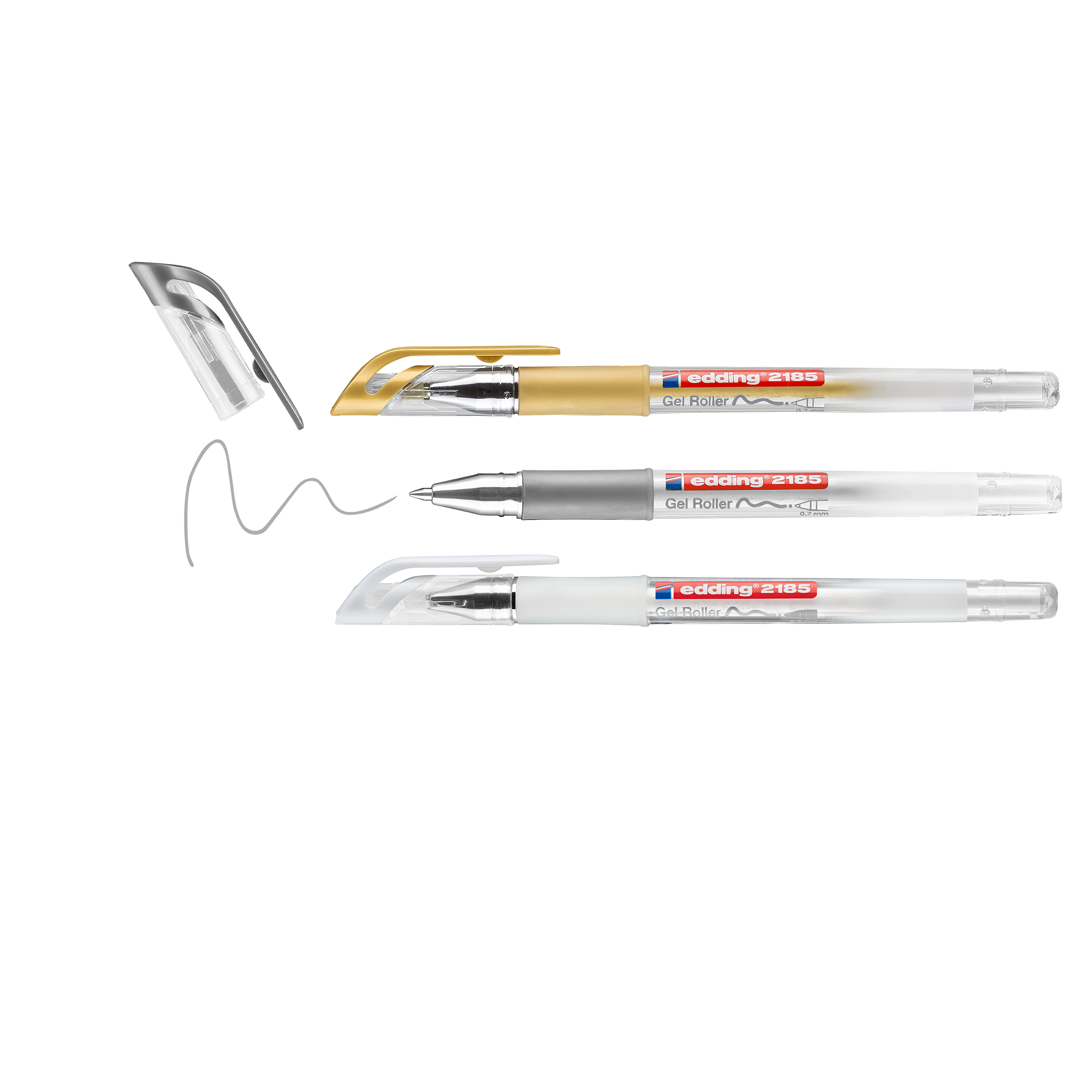 Das edding 2185 Gelroller 3er-Set von edding umfasst metallische Stifte in Gold, Silber und Schwarz mit transparentem Schaft; der schwarze Stift ohne Kappe zeichnet eine Wellenlinie, während Gold und Silber mit Kappe versehen sind.