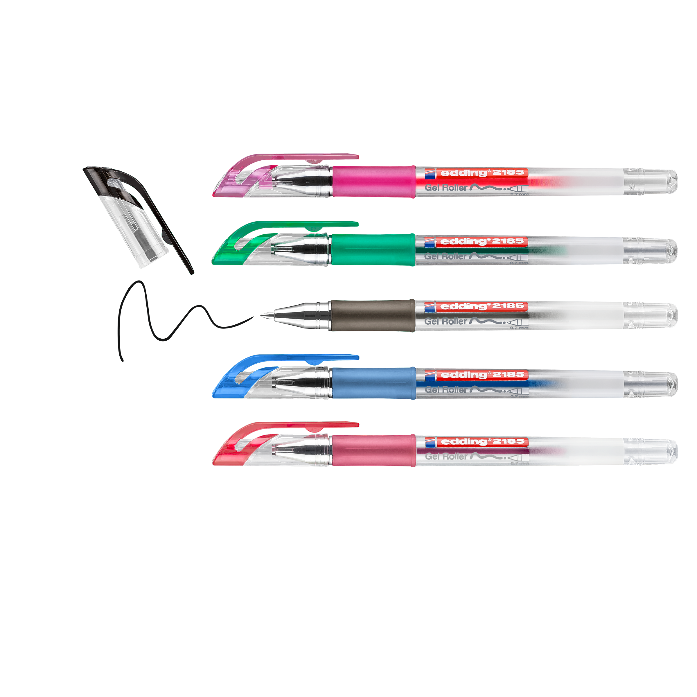 Das edding 2185 Gelroller 5er-Set von edding besteht aus vier Stiften in Schwarz, Grün, Blau und Rot mit passenden Kappen, die horizontal angeordnet sind; die Kappe des schwarzen Stifts ist abgenommen und in der Nähe seiner Spitze erscheint eine verschnörkelte Geltinte-Linie.