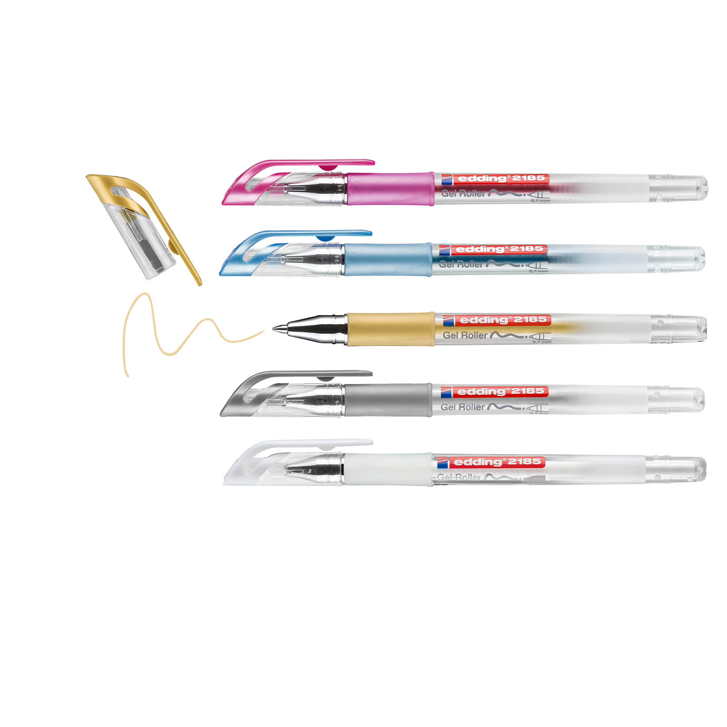 Abgebildet ist das edding 2185 Gelroller 5er-Set von edding: Fünf Stifte mit farbigen Kappen (Gold, Pink, Blau, Silber, Weiß) liegen waagerecht. Der goldene Stift ohne Kappe zeichnet einen schimmernden Geltintenstrich; die übrigen bleiben mit Kappe.