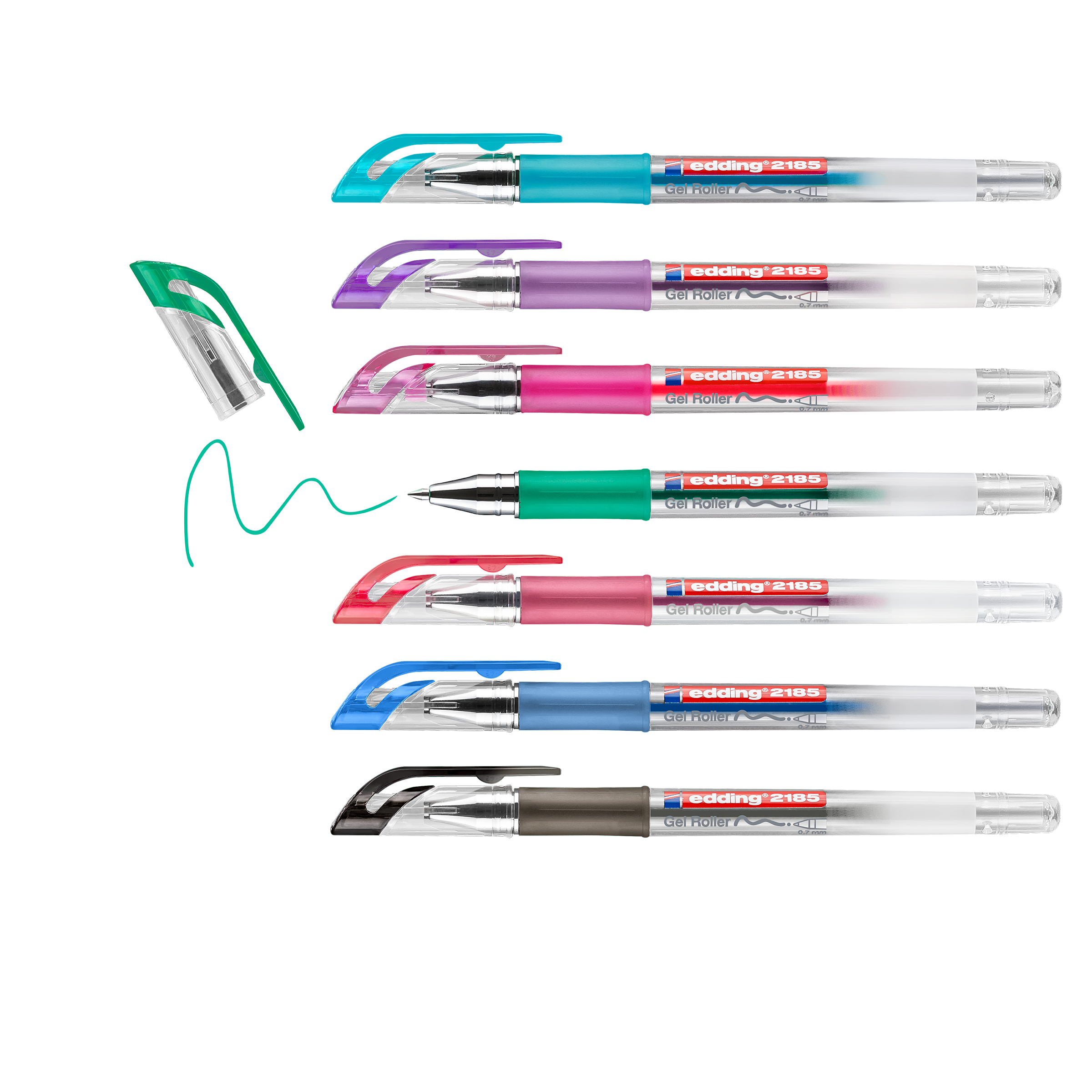 Das edding 2185 Gelroller 7er-Set von edding enthält sieben Metallic-Gelstifte mit passender Kappe und Gummigriff. In einer Reihe angeordnet, ist der grüne Stift ohne Kappe, sodass die Spitze und ein grüner Schnörkel sichtbar sind; die übrigen Stifte bleiben mit Kappe.