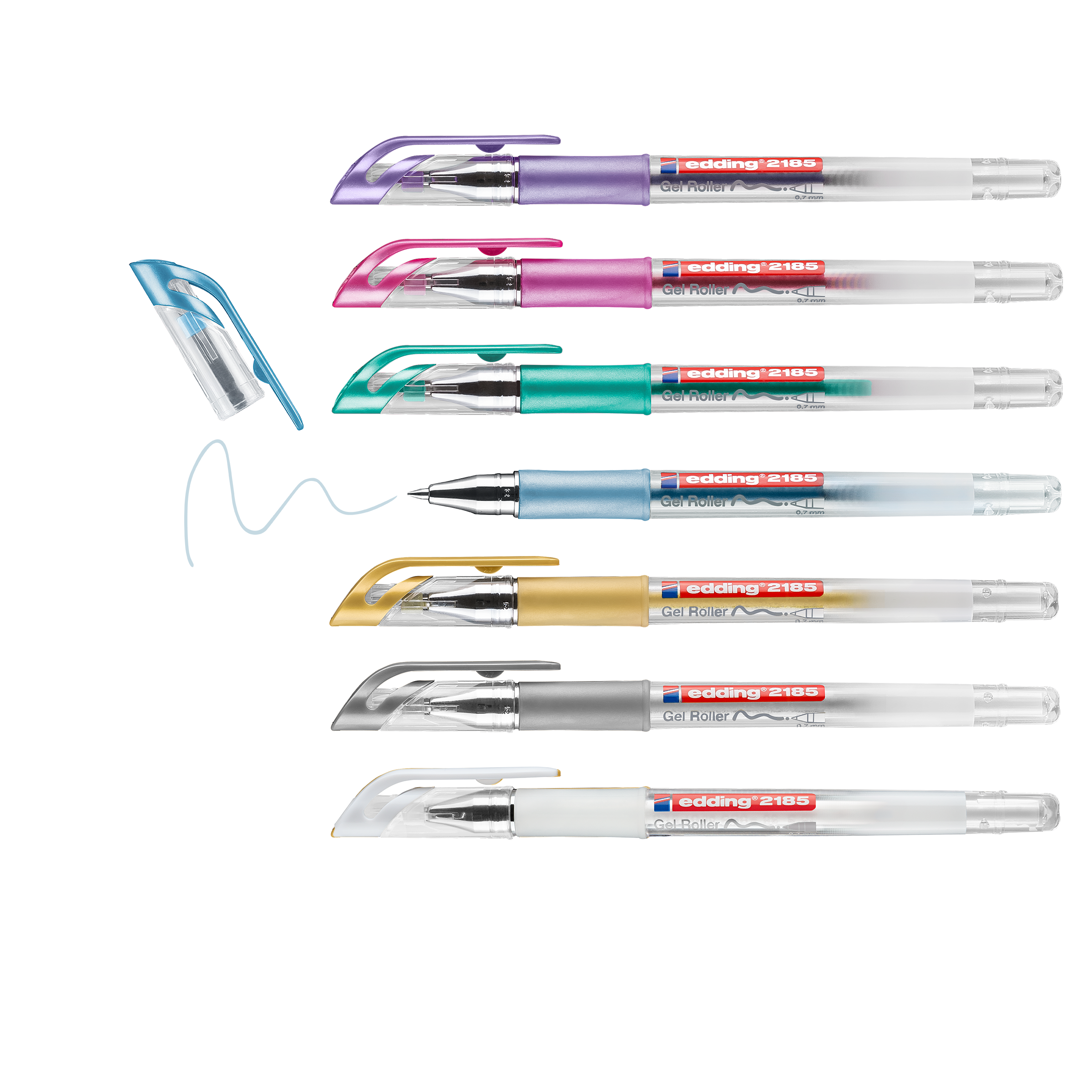 Das edding 2185 Gelroller 7er-Set von edding beinhaltet sieben Metallicfarben (lila, pink, grün, blau, gold, silber, weiß). Ein Stift mit Gummigriffzone ist horizontal angeordnet und zeichnet eine blaue Wellenlinie.