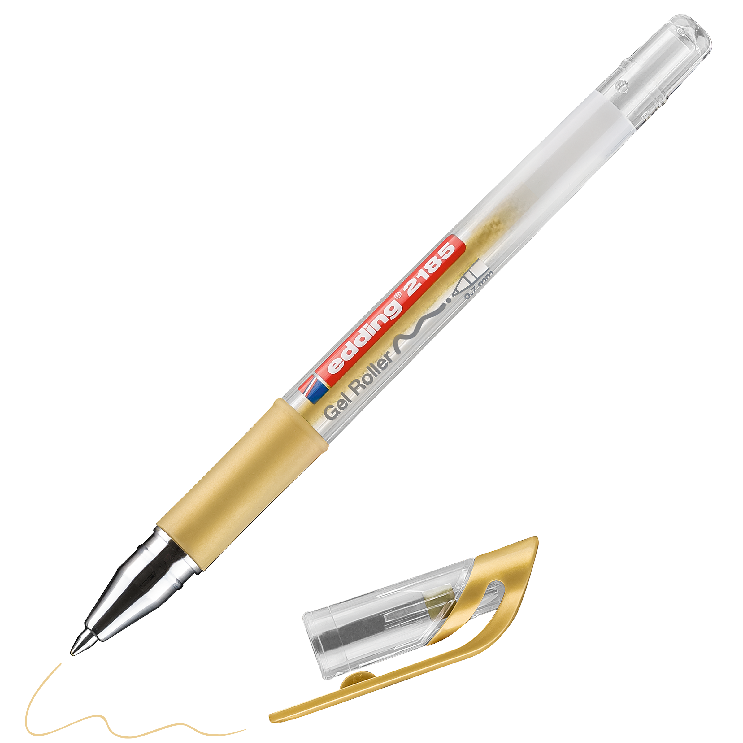 Der edding 2185 Gelroller von edding mit seinem durchsichtigen Schaft und der daneben entfernten Goldkappe zeigt eine von seiner Spitze gezogene Goldlinie und verfügt über eine komfortable Gummigriffzone.