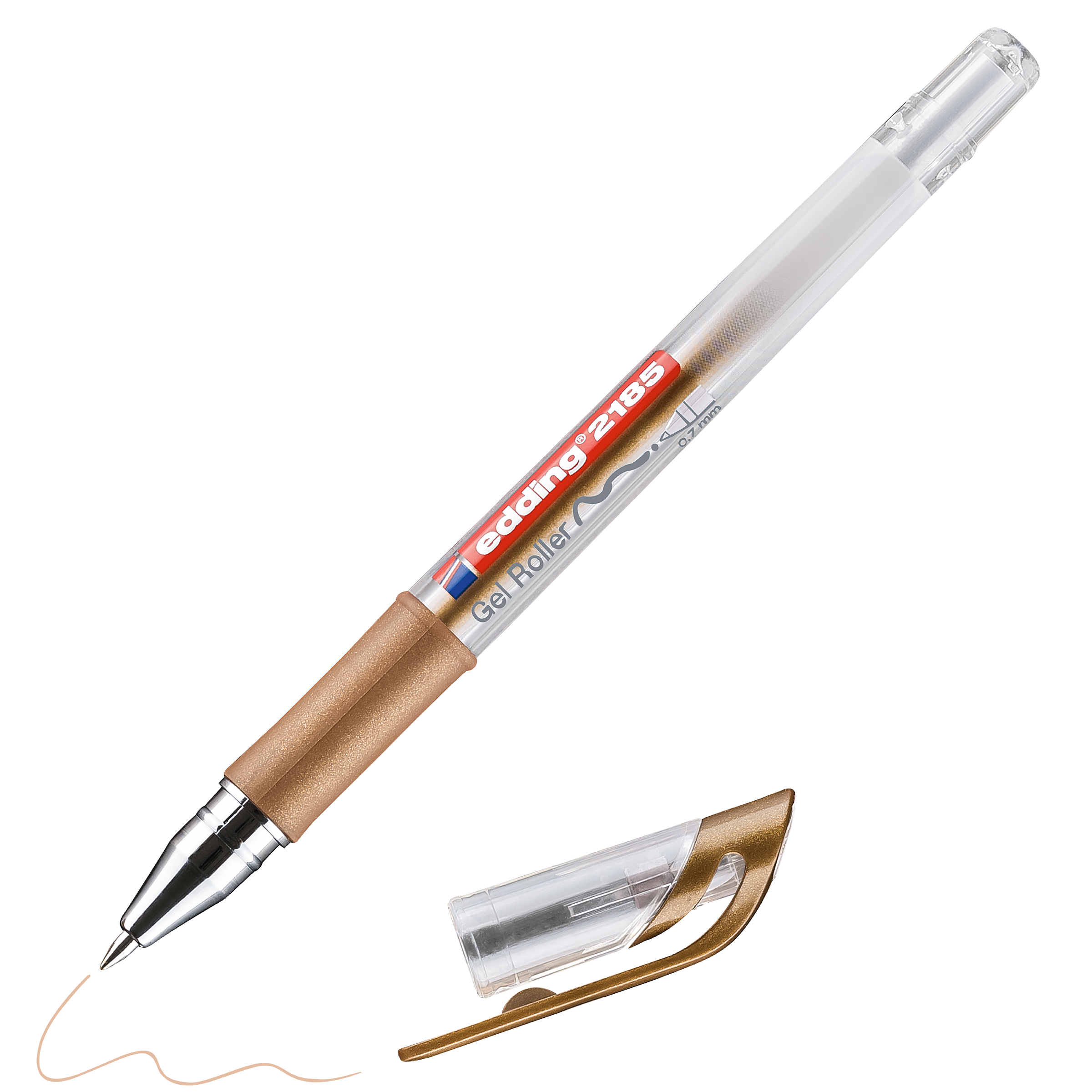 Der edding 2185 Gelroller von edding wird ohne Kappe mit durchscheinendem Gehäuse, metallischen Farben, goldener Griffzone und Clip sowie einer kurzen, goldenen Tintenlinie in der Nähe gezeigt.