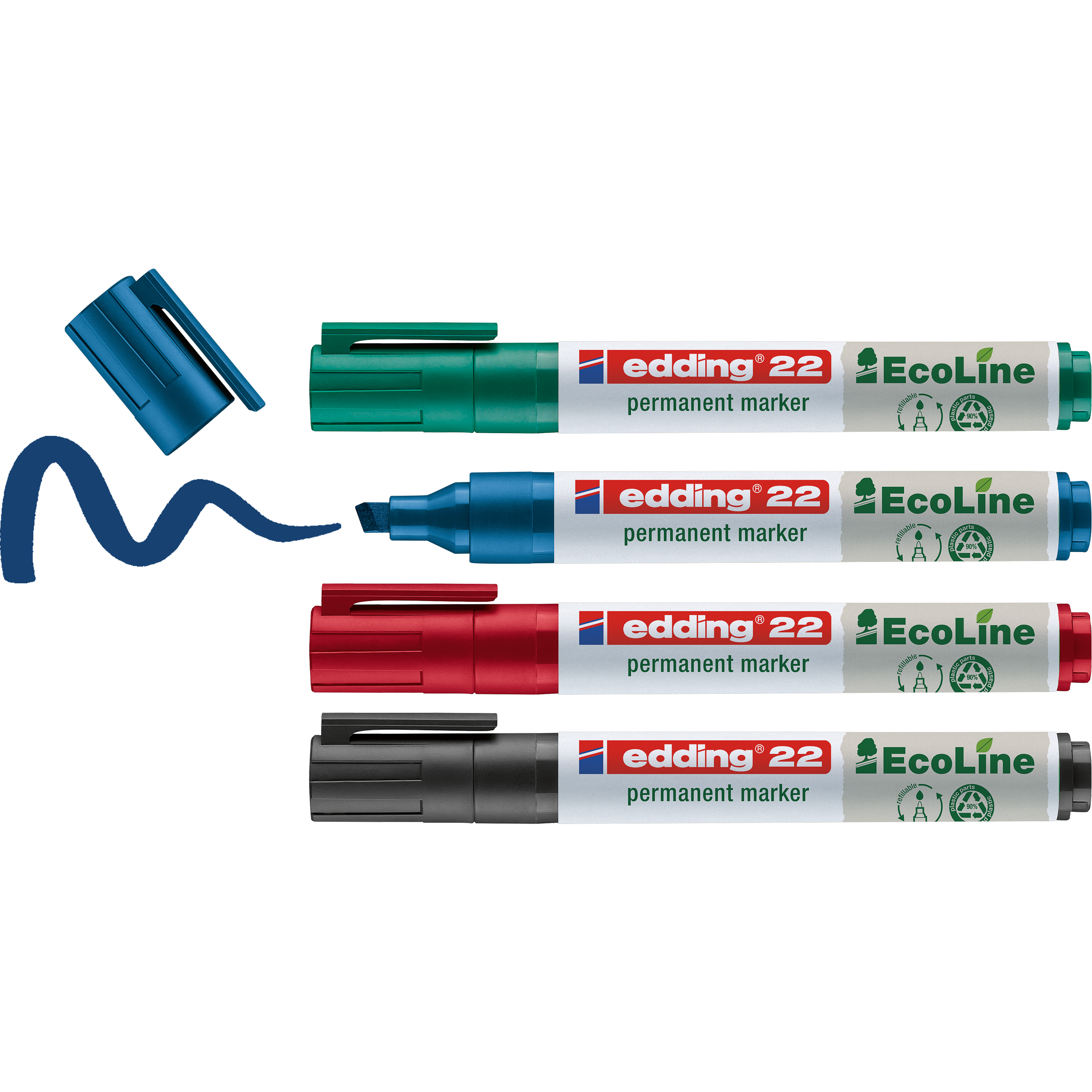 Das edding 22 EcoLine Permanentmarker 4er-Set von edding zeigt die Marker in Blau, Grün, Rot und Schwarz horizontal; Der blaue Stift ohne Kappe zieht eine Linie, die anderen sind mit Kappe. Alle Marker bestehen aus recyceltem Material.