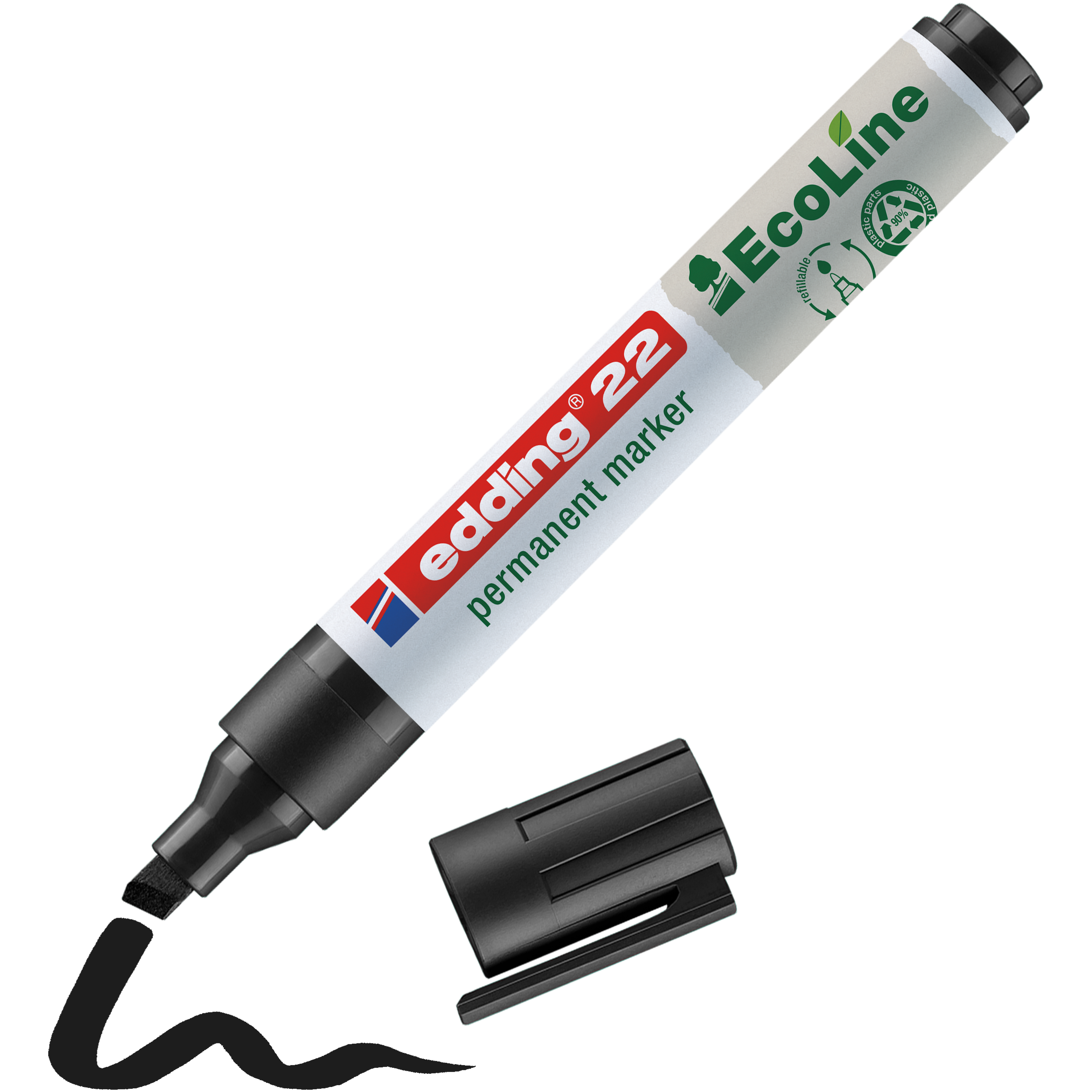 Ein schwarzer edding 22 EcoLine Permanentmarker von edding aus recyceltem Material, abgebildet ohne Kappe mit einer schwarzen Wellenlinie, die von seiner Spitze ausgeht.