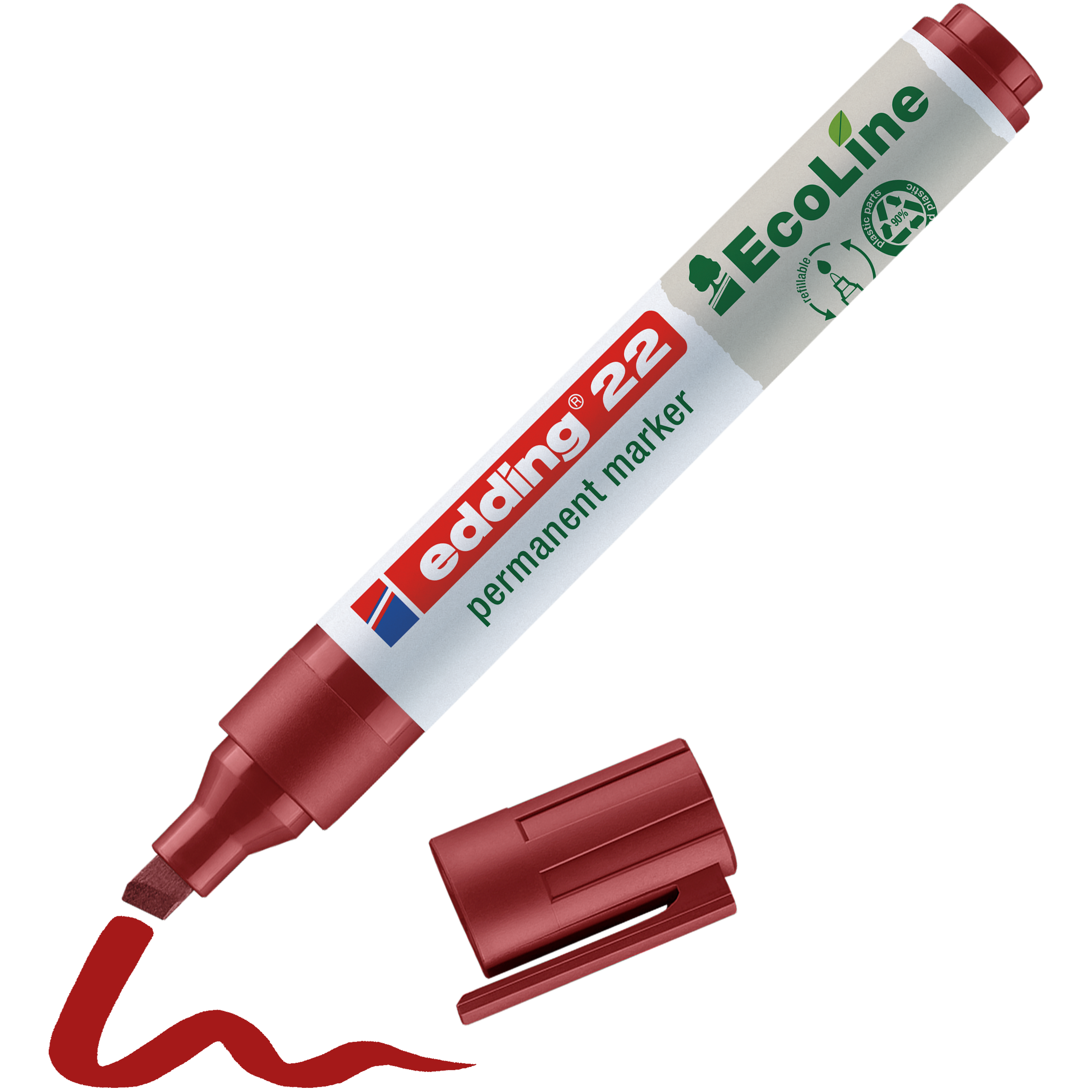 Ein roter edding 22 EcoLine Permanentmarker mit abnehmbarer Kappe zeigt eine breite Keilspitze und eine rote Linie. Der Marker verfügt über umweltfreundliches Branding, Recyclingsymbole und besteht aus recyceltem Material.