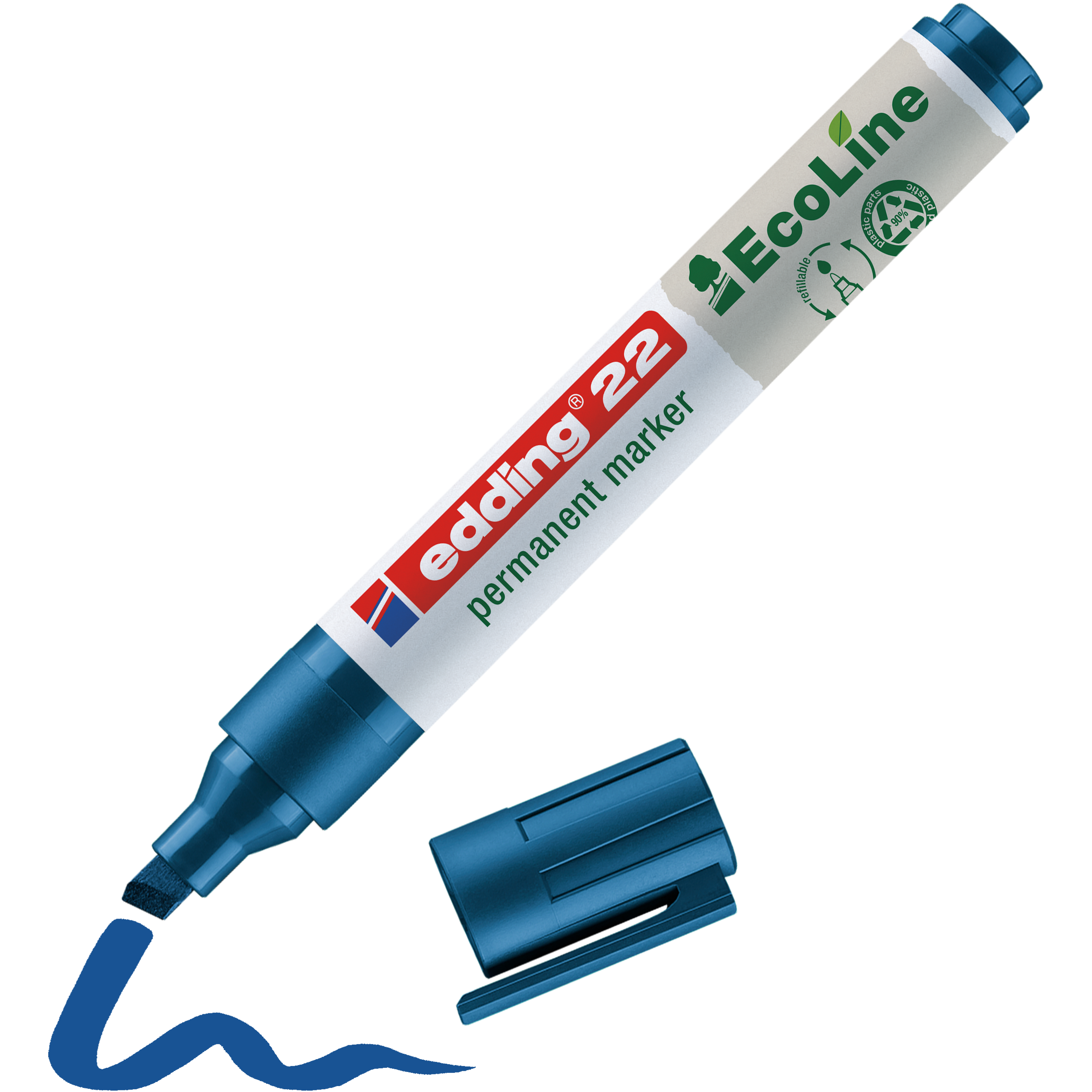 Ein blauer edding 22 EcoLine Permanentmarker von edding zeigt ohne Kappe eine dicke blaue Linie. Dieser umweltfreundliche Marker verfügt über eine Keilspitze und besteht aus recycelten Materialien, was nachhaltiges Branding unterstreicht.