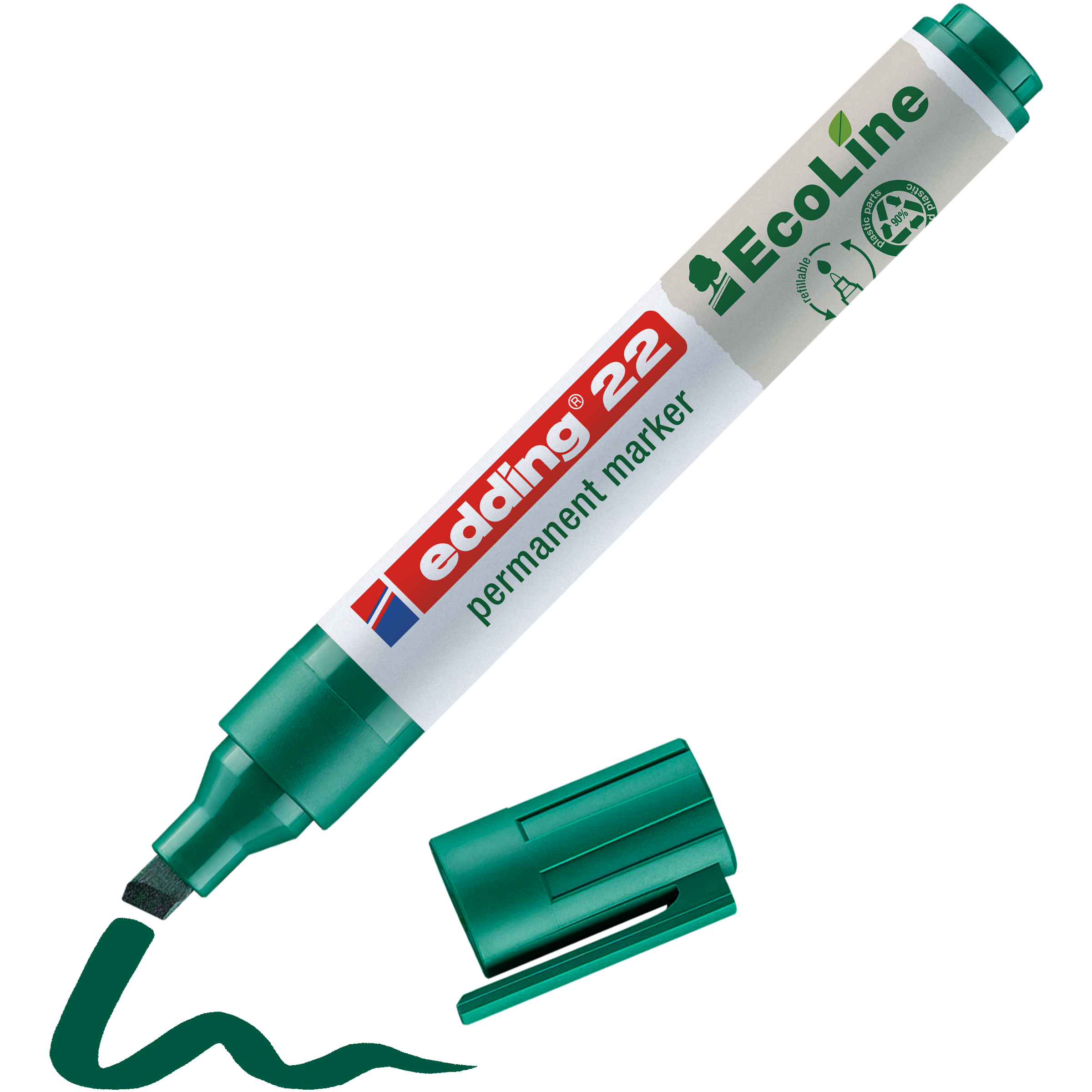 Ein grün-weißer edding 22 EcoLine Permanentmarker der Marke edding aus recyceltem Material, mit abgenommener Kappe und einer daneben gezeichneten Wellenlinie. Nachhaltiger Marker mit Symbolen für Umweltfreundlichkeit auf dem Gehäuse.