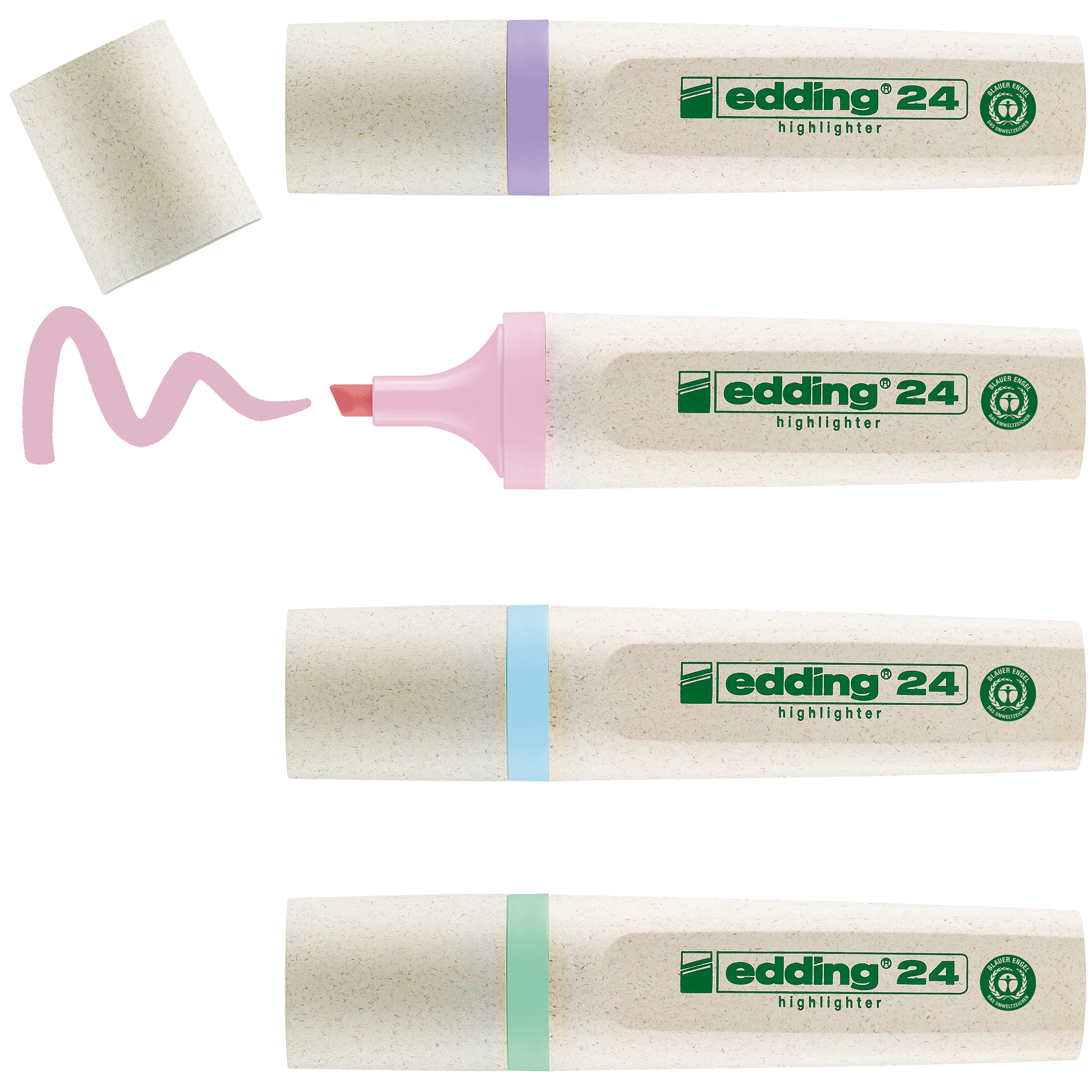 Das edding 24 EcoLine Textmarker 4er-Set von edding enthält vier Textmarker mit beigem Schaft und farbigen Kappen, wobei einer ohne Kappe eine rosa Spitze hat. Hergestellt aus nachwachsenden Rohstoffen und zertifiziert mit dem Umweltzeichen Blauer Engel.