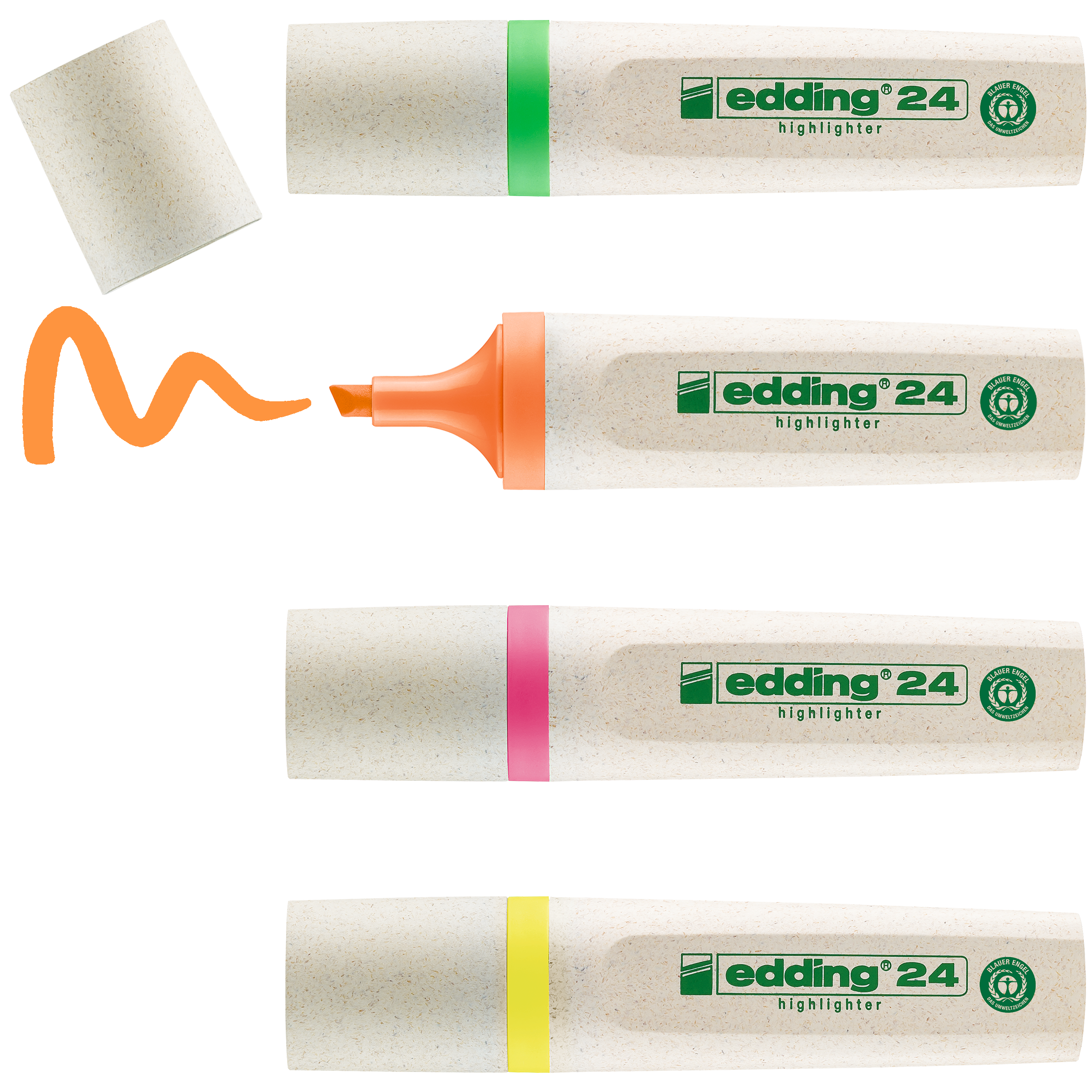 Das edding 24 EcoLine Textmarker 4er-Set von edding enthält vier beige Textmarker mit farbigen Streifen (grün, orange, pink, gelb). Der orangefarbene Textmarker hat eine offene Kappe und eine orange Markierung. Klimafreundlich zertifiziert mit dem Blauen Engel.