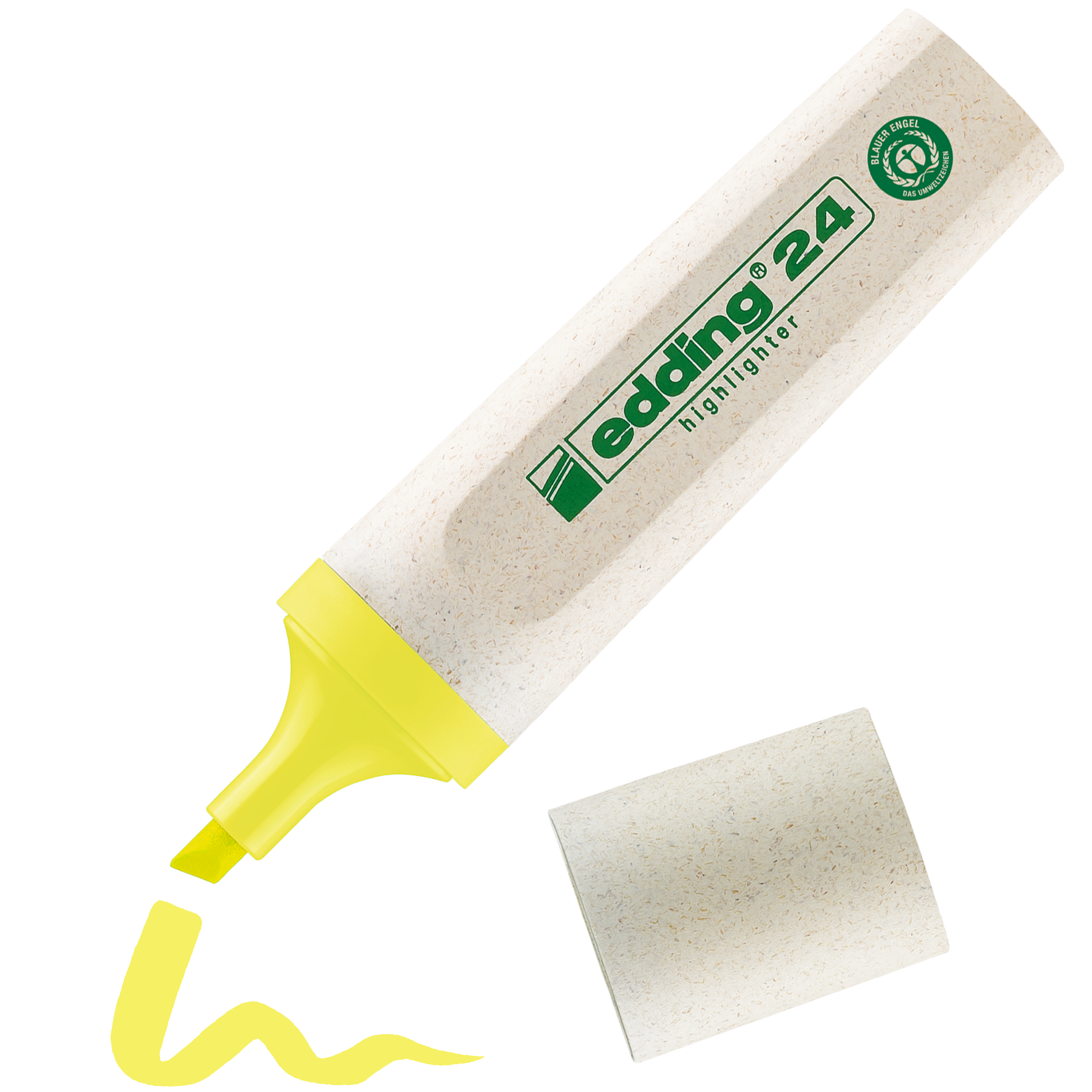 Daneben liegt ein gelber edding 24 EcoLine Textmarker von edding ohne Kappe, der eine gelbe Wellenlinie zeichnet. Der beige Körper zeigt grüne Texte und Symbole, die nachwachsende Rohstoffe hervorheben.