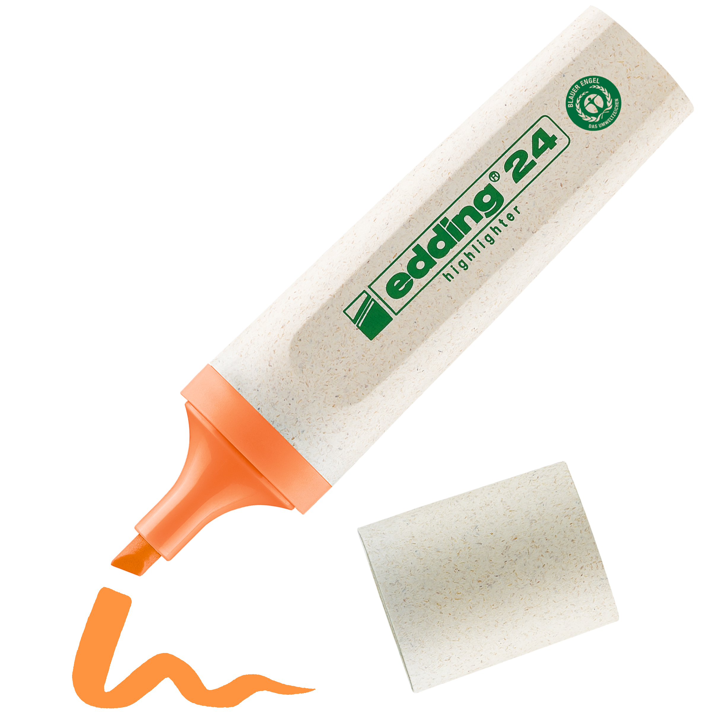 Ein beige-orangefarbener edding 24 EcoLine Textmarker von edding zeigt ohne Kappe eine orange Keilspitze und eine orangefarbene Wellenlinie auf weißem Grund. Dieser umweltfreundliche Textmarker ist mit dem Blauen Engel zertifiziert.